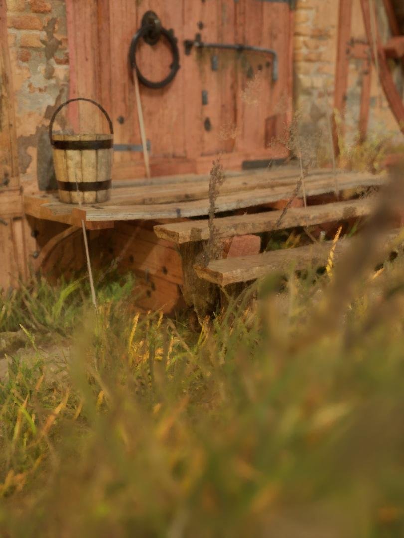 Wooden steps leading to a weathered red door, with a metal ring handle and latch. A wooden bucket sits on the steps. Brick and stone wall with faded paint in the background. Tall grass and weeds in the foreground, partially obscuring the lower part of the scene. A wheel is faintly visible on the right.