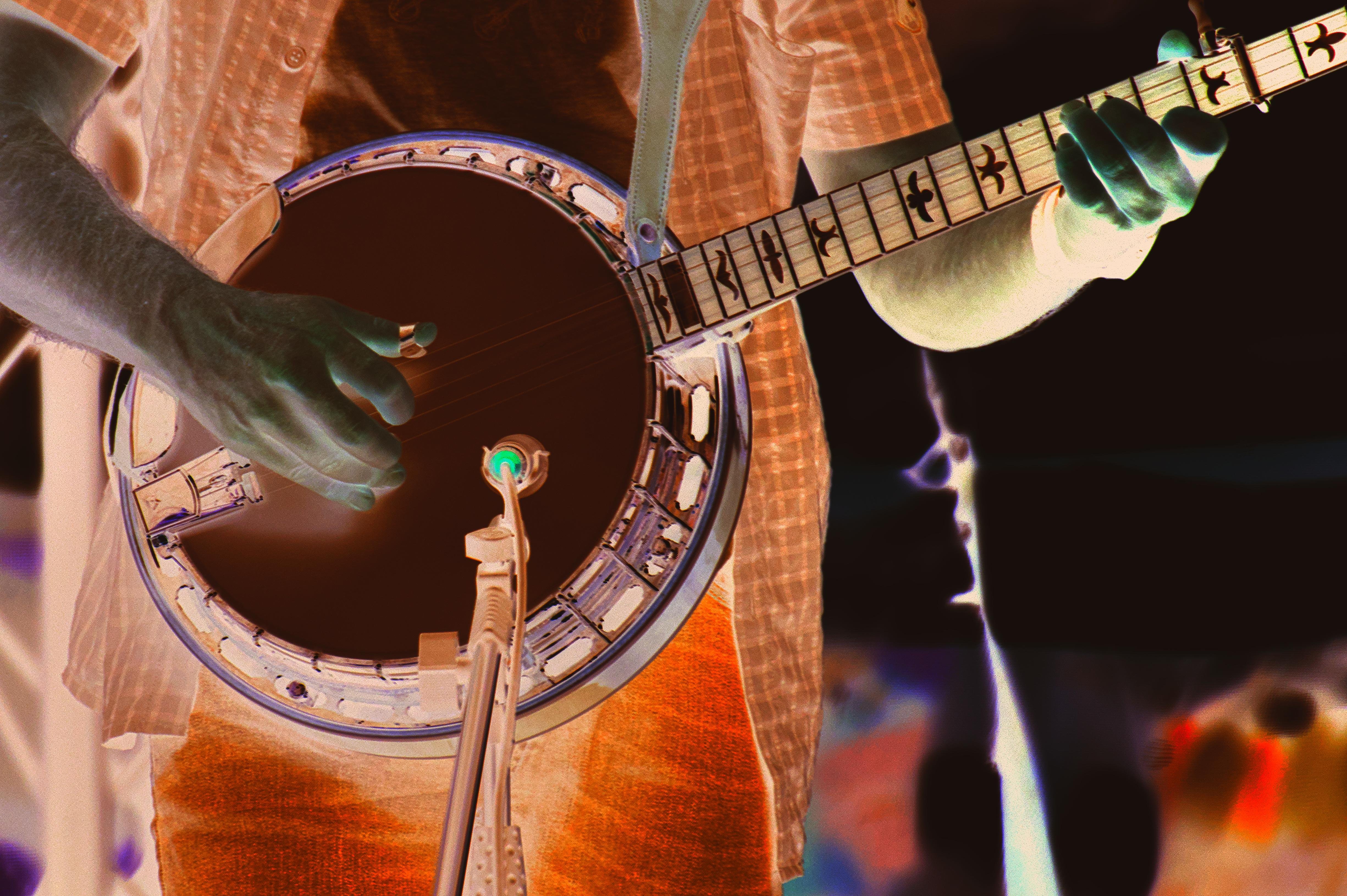 Negative image of a person playing a banjo. The instrument is prominently in the foreground with visible details like tuning pegs and strings. The player's hands are positioned on the neck and body of the banjo. The image includes a microphone in front of the banjo, and the background is blurred with abstract colors. 
###
Negativbild einer Person, die Banjo spielt. Das Instrument steht deutlich im Vordergrund mit sichtbaren Details wie Stimmwirbeln und Saiten. Die Hände des Spielers liegen auf Hals und Korpus des Banjos. Das Bild zeigt ein Mikrofon vor dem Banjo, der Hintergrund ist mit abstrakten Farben verschwommen.