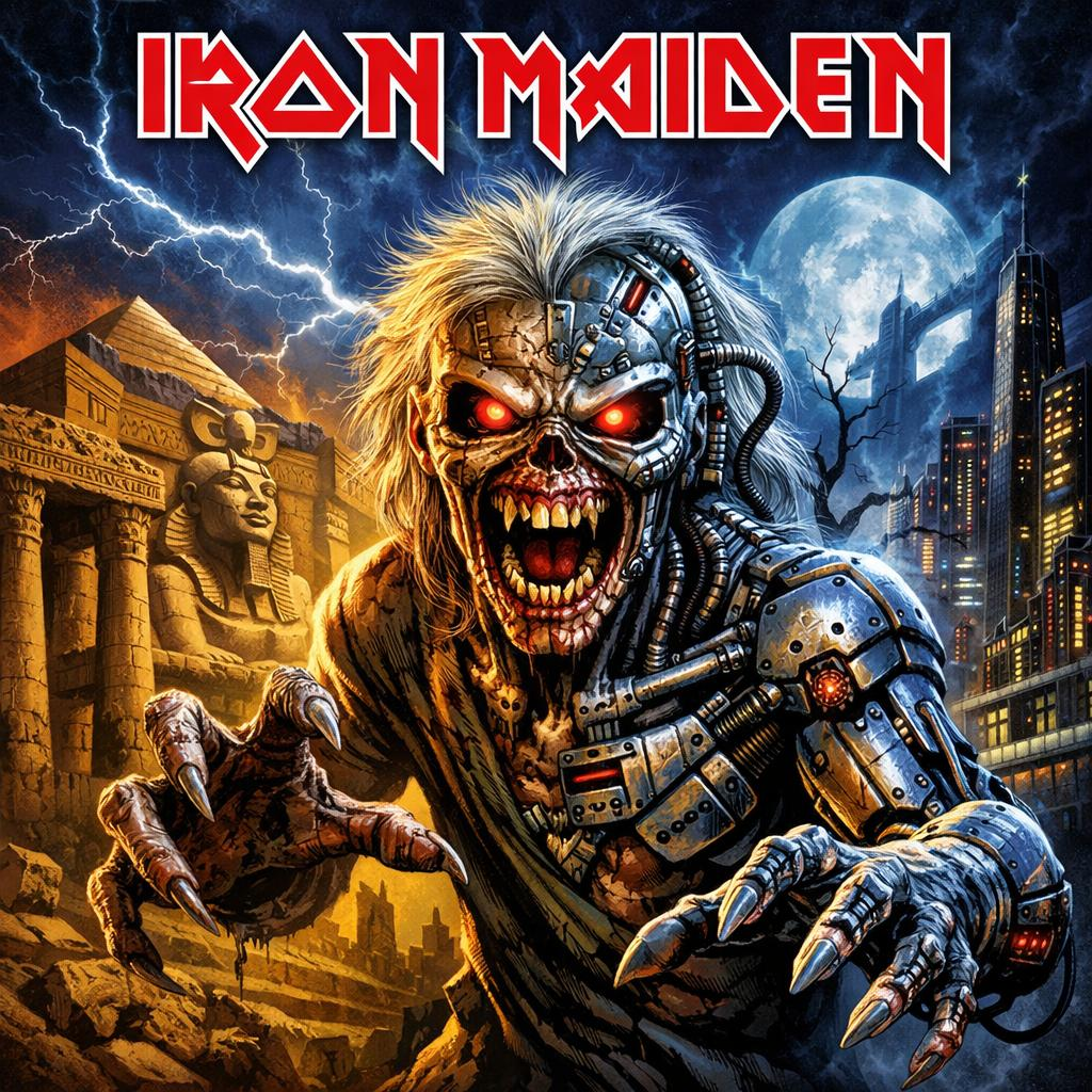This striking digital illustration features Eddie, the iconic mascot of Iron Maiden, in a dual-themed landscape that bridges the band's history. Eddie is depicted as a terrifying hybrid: his right side is a decaying, snarling zombie, while his left side is a high-tech cyborg with metallic plating and glowing circuitry. His glowing red eyes and clawed hands reach toward the viewer.
​The background is split into two distinct eras:
​Left Side: A sun-drenched Ancient Egyptian setting with a massive pyramid and sphinx-like statues under a lightning-filled sky, referencing the Powerslave era.
​Right Side: A dark, futuristic cyberpunk city with glowing skyscrapers, a full moon, and a gnarled, leafless tree, evoking the Somewhere in Time aesthetic.
​The classic Iron Maiden logo is prominently displayed at the top in its signature red font with a white outline. The high-detail, maximalist style perfectly captures the heavy metal energy of the band’s legendary discography.