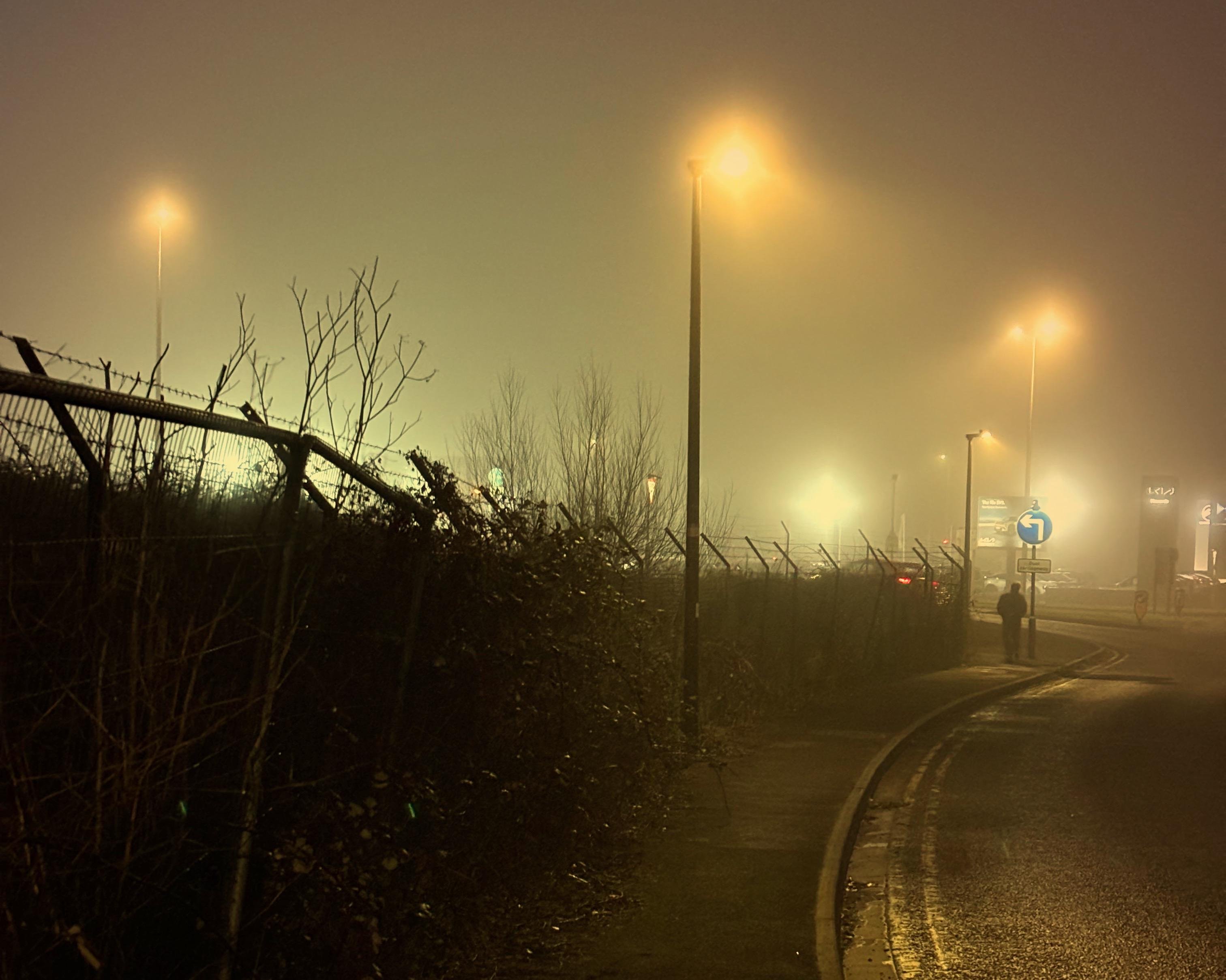 The image shows a foggy street scene at night. Streetlights are illuminating the area, casting a yellowish glow. There's a road curving to the right and a person walking along the sidewalk. In the foreground, there's a fence with some bare shrubbery, and the foggy atmosphere creates a soft, diffused look to the lights.