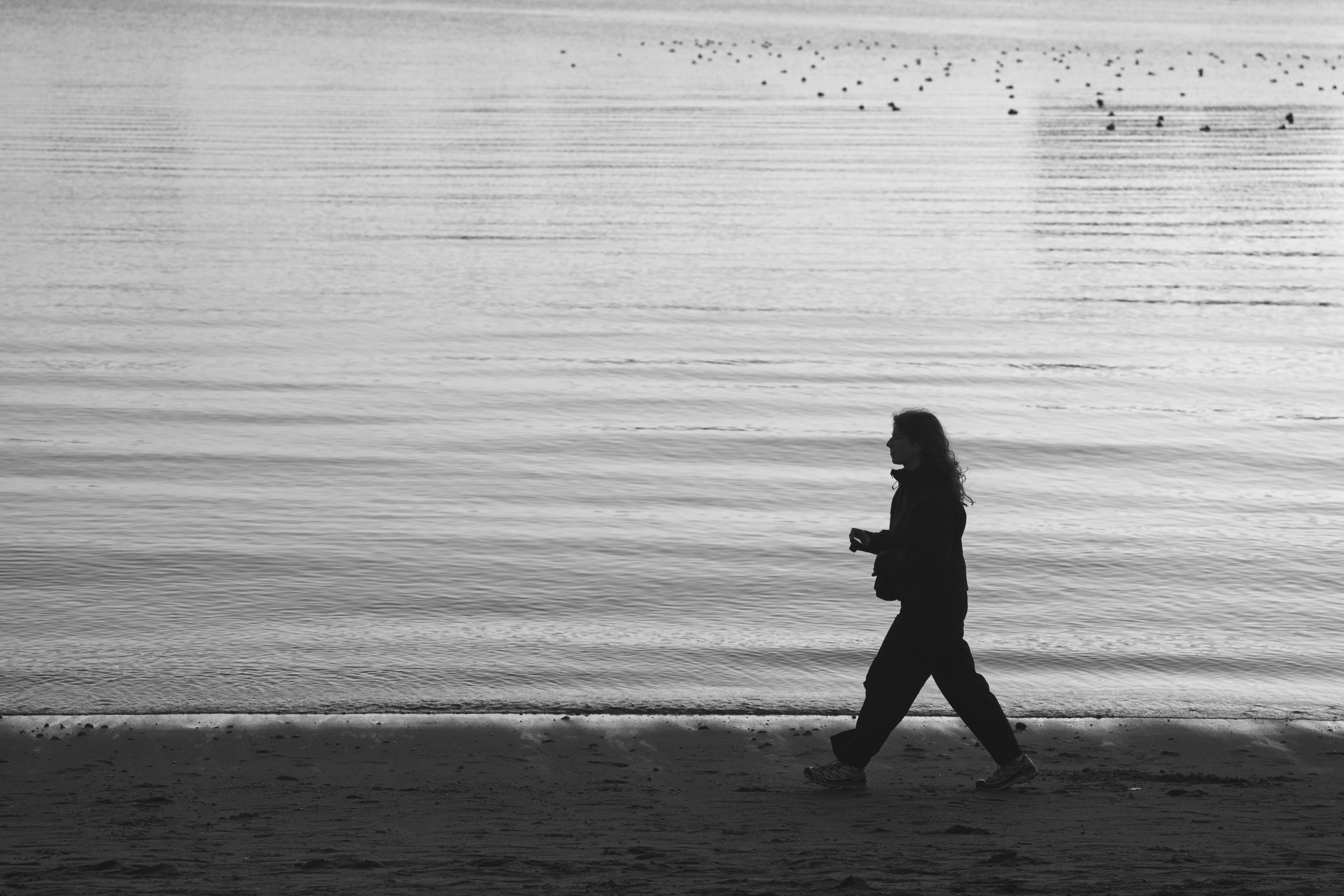 The image shows a silhouette of a person walking along a shoreline. The background features calm water with gentle waves, and there are birds visible in the distance on the water. The image is in black and white, creating a tranquil and serene atmosphere.