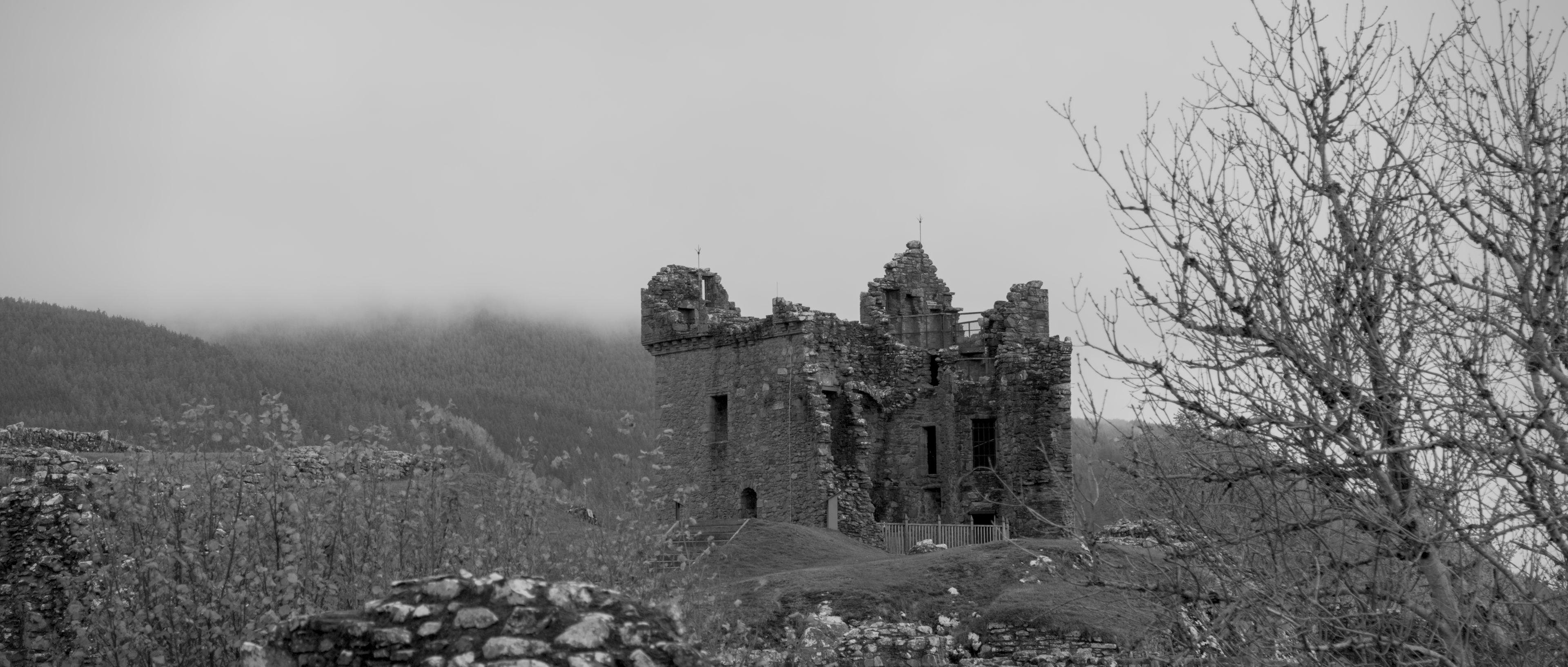 Photo horizontale en noir et blanc. Les ruines d’un château au milieu des Highlands en fonds, plein de conidés, léchés par la brume