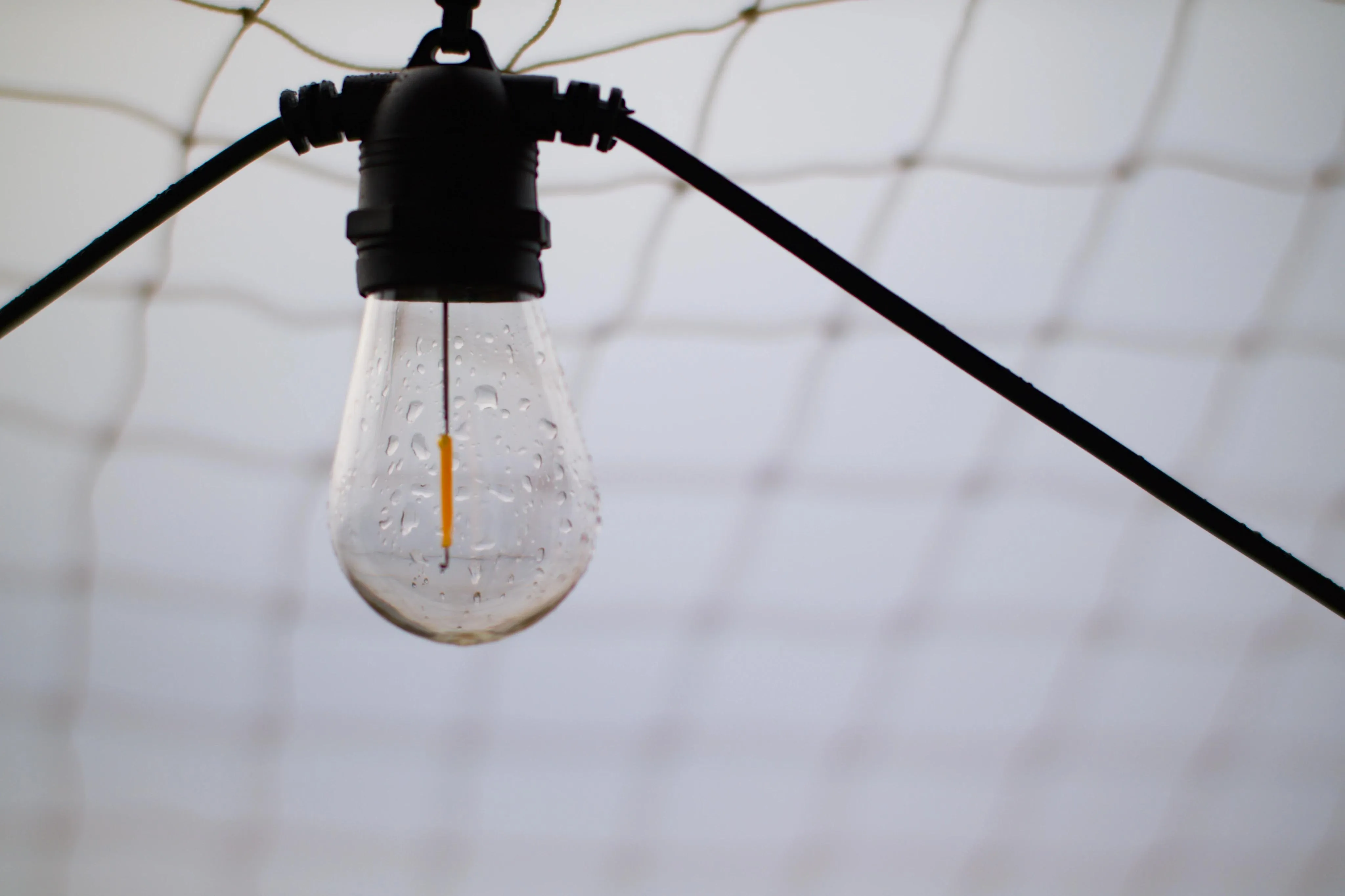 A picture of a hanging lightbulb with rain driplets all over it.