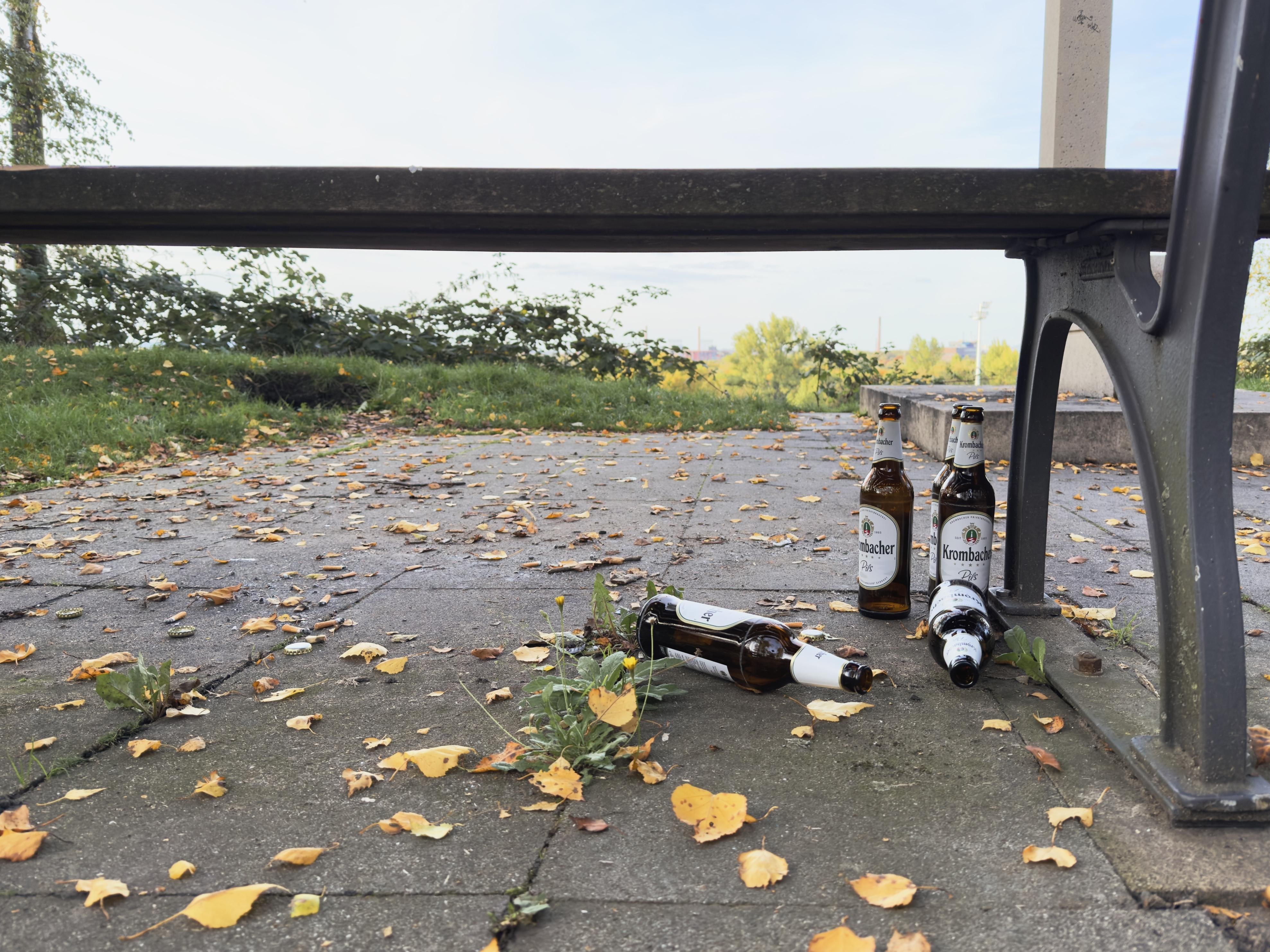 Verlassene Bierflaschen unter einer Bank auf herbstlich bedecktem Pflaster mit verstreuten Blättern und einsamer Parklandschaft