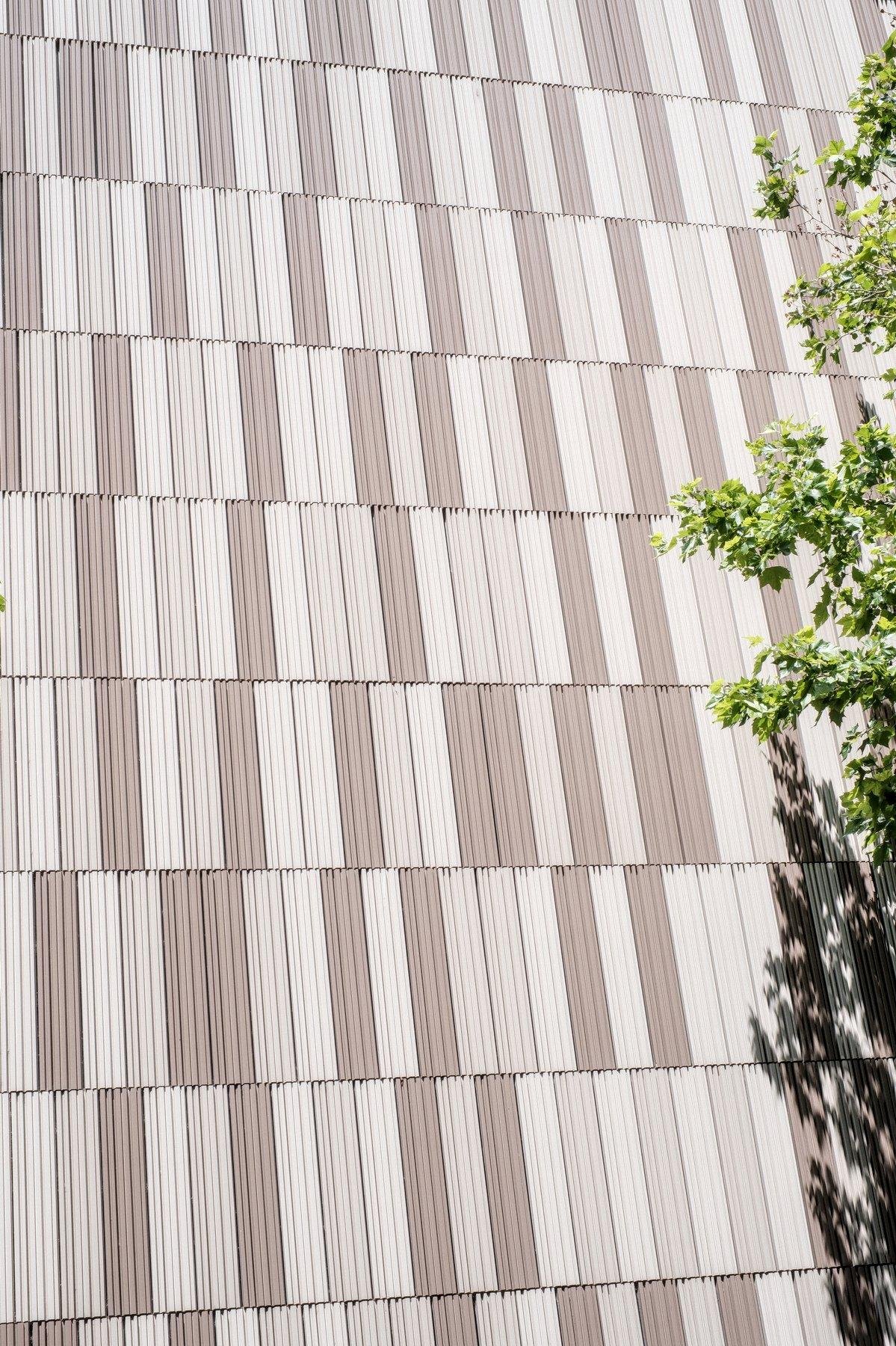 Photo verticale d’un mur d’immeuble fait en dalles rectangulaires verticales de 3 teintes de marrons disposées de manière aléatoire. Sur la droite, entrant dans le cadre, des feuilles d’arbre vertes