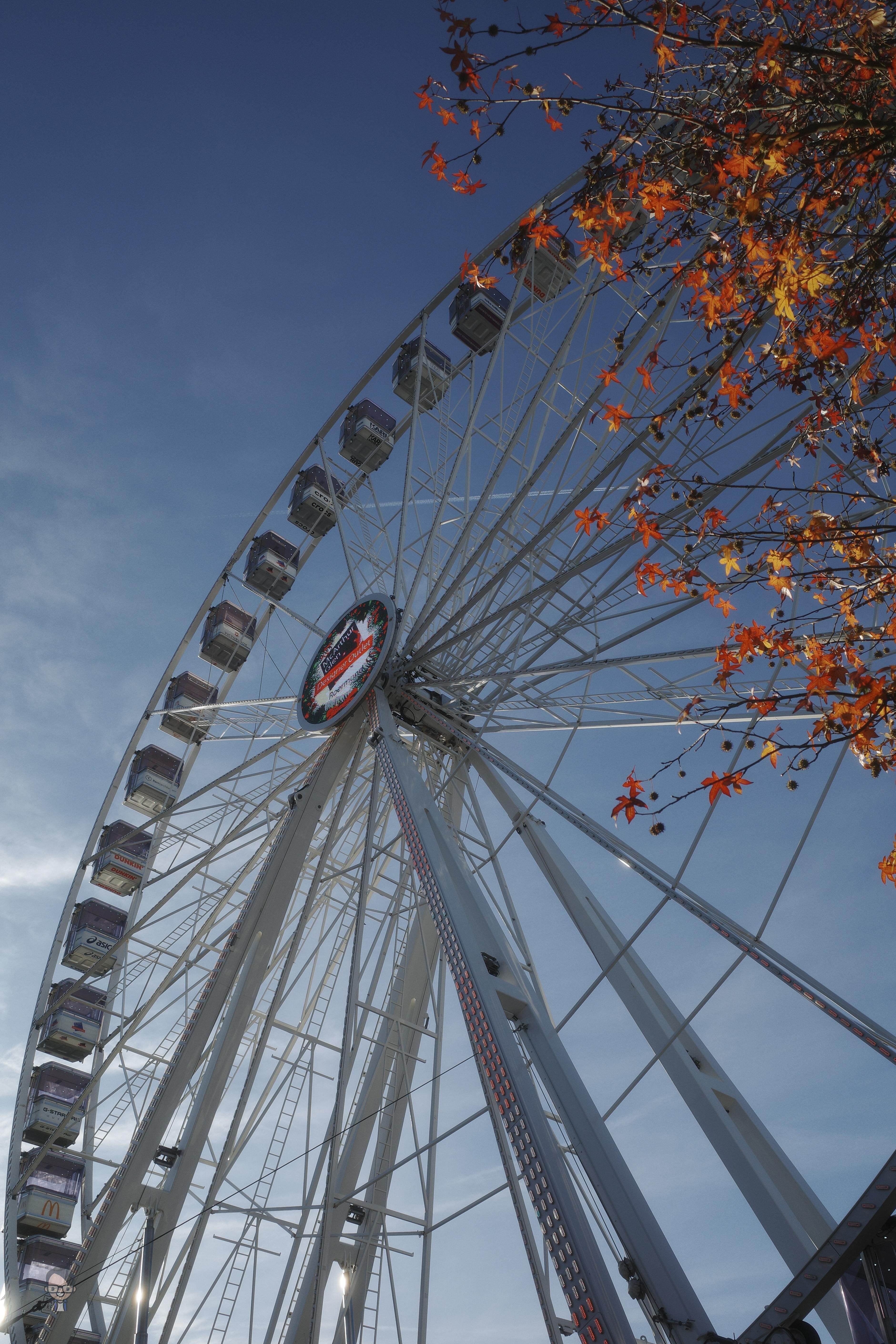 The image shows a large Ferris wheel against a blue sky. To the right, there are branches with autumn leaves, suggesting it's fall. The Ferris wheel's structure and passenger cabins are clearly visible, along with a central sign.