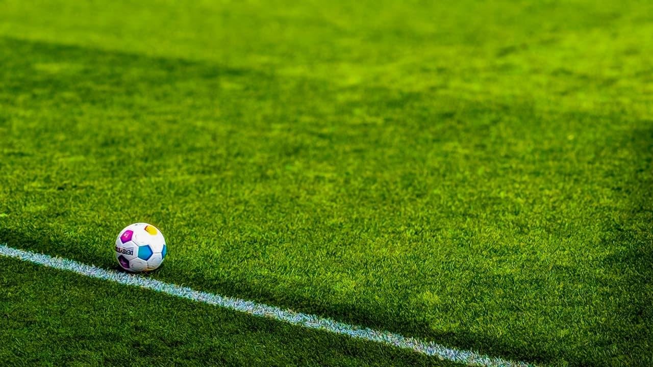 The image shows a soccer ball on a grassy field near the sideline. The field is well-maintained, and the ball is resting on or near a painted line, likely used to mark the boundaries of the playing area.
