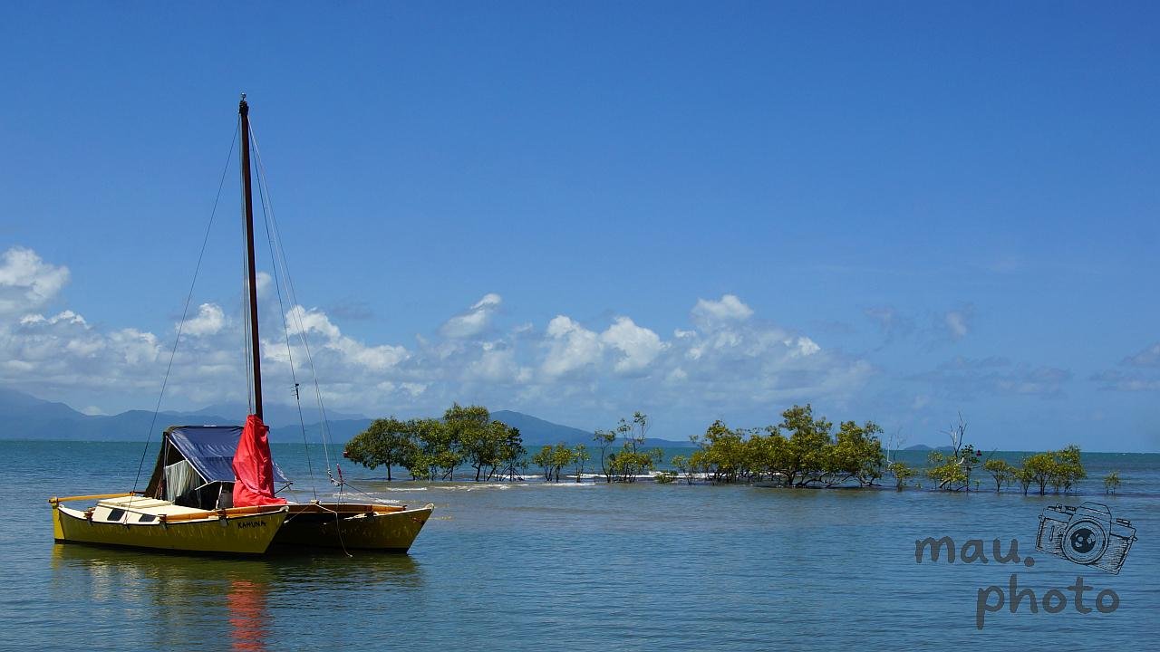 The image shows a yellow sailboat on a calm body of water, with a small group of trees or mangroves nearby. In the background, there are hills or mountains under a clear blue sky with scattered clouds. The scene appears peaceful and idyllic.
