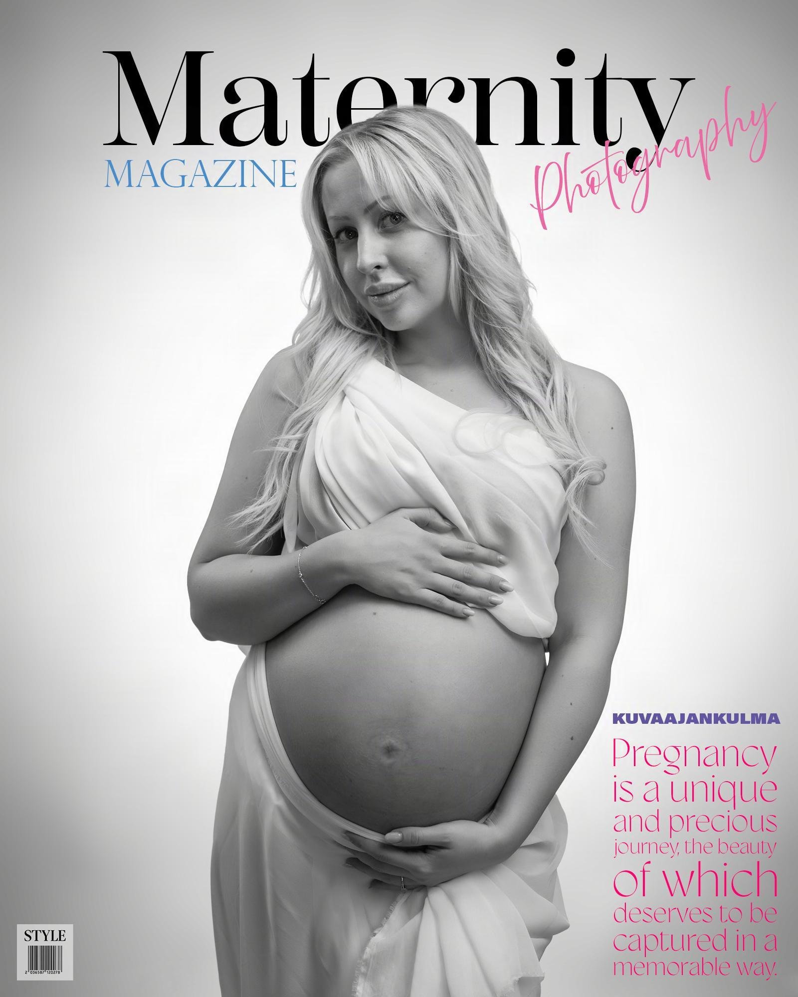 Pregnant woman with long blonde hair wearing a white draped fabric, hands gently resting on her bare baby bump. The title "Maternity Magazine" is at the top with the word "Photography" handwritten in pink. Text on the right reads, "Pregnancy is a unique and precious journey, the beauty of which deserves to be captured in a memorable way." Style barcode is located at the bottom left. The background is light gray, creating a soft contrast with the subject.