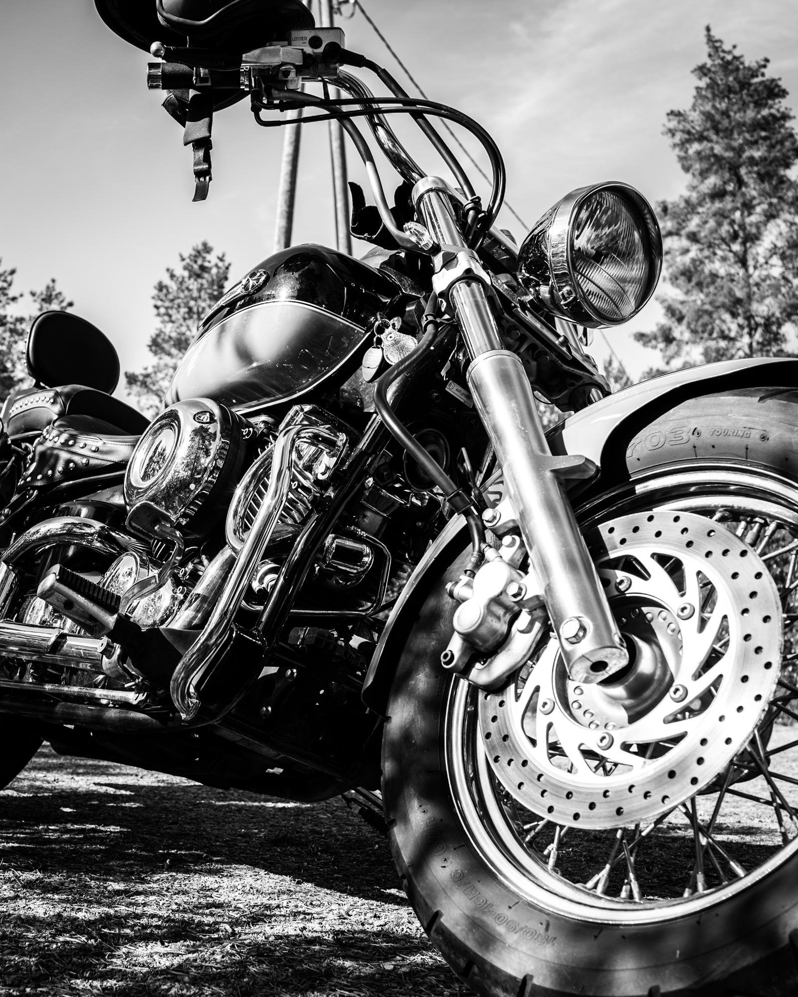 Close-up of a polished motorcycle in black and white, featuring the front wheel with intricate disc brakes, chrome detailing, and handlebars. A helmet is clipped to the handlebar. Trees and a clear sky serve as the background.