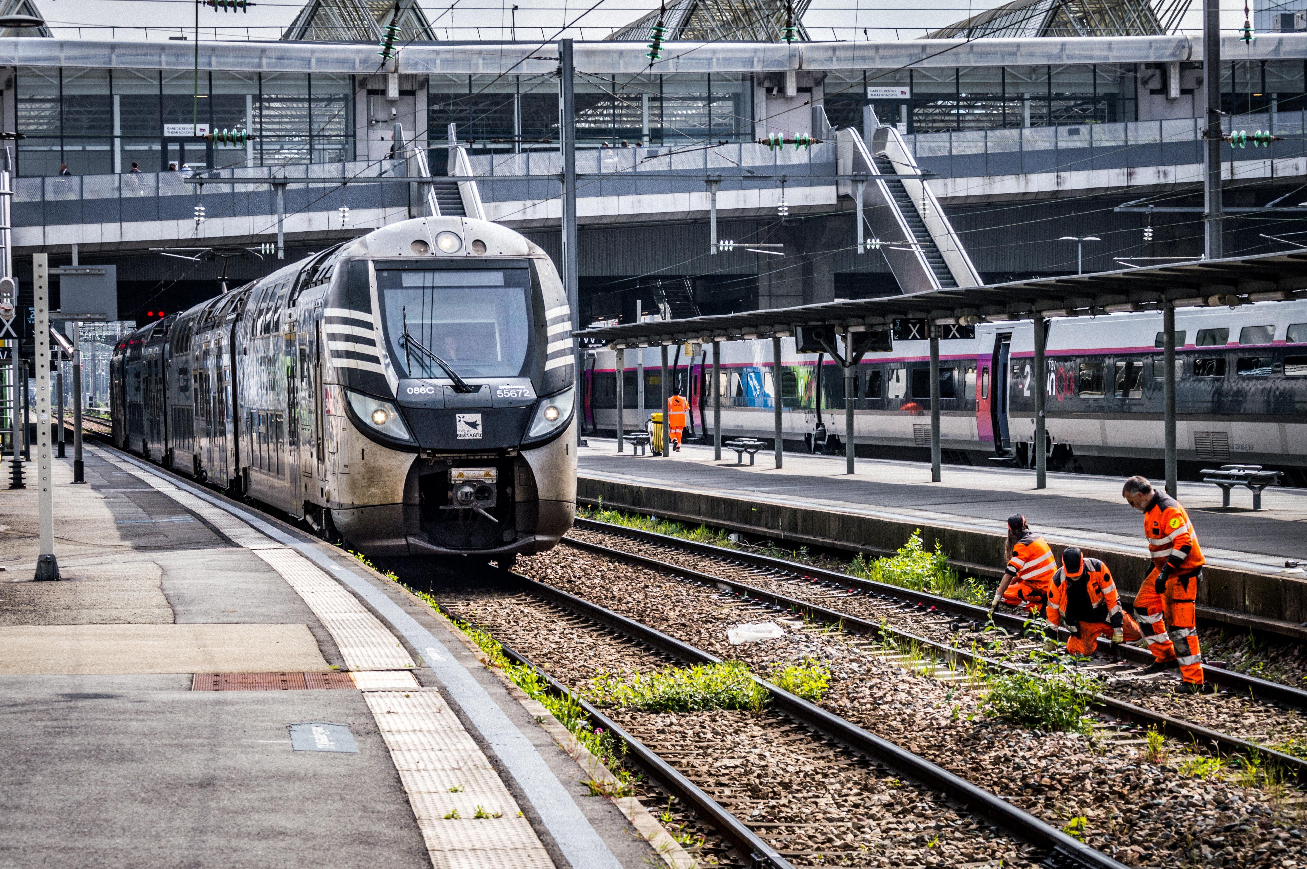 Regio 2N of TER BreizhGo arrives at Rennes station, while railway workers work on a track next to it
Photo edited for high contrast and high sharpness