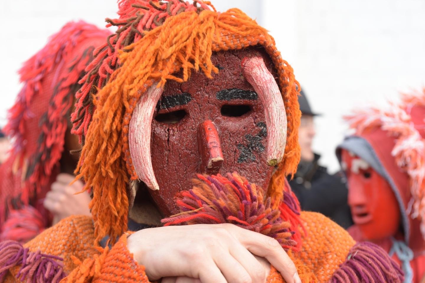 Nunha mascarada en Bragança unha das máscaras dun Entrudo do Nordeste portugués.
Moita lá de colorinchos e máscara de cortizo ou madeira, con cornos a caer polos lados.