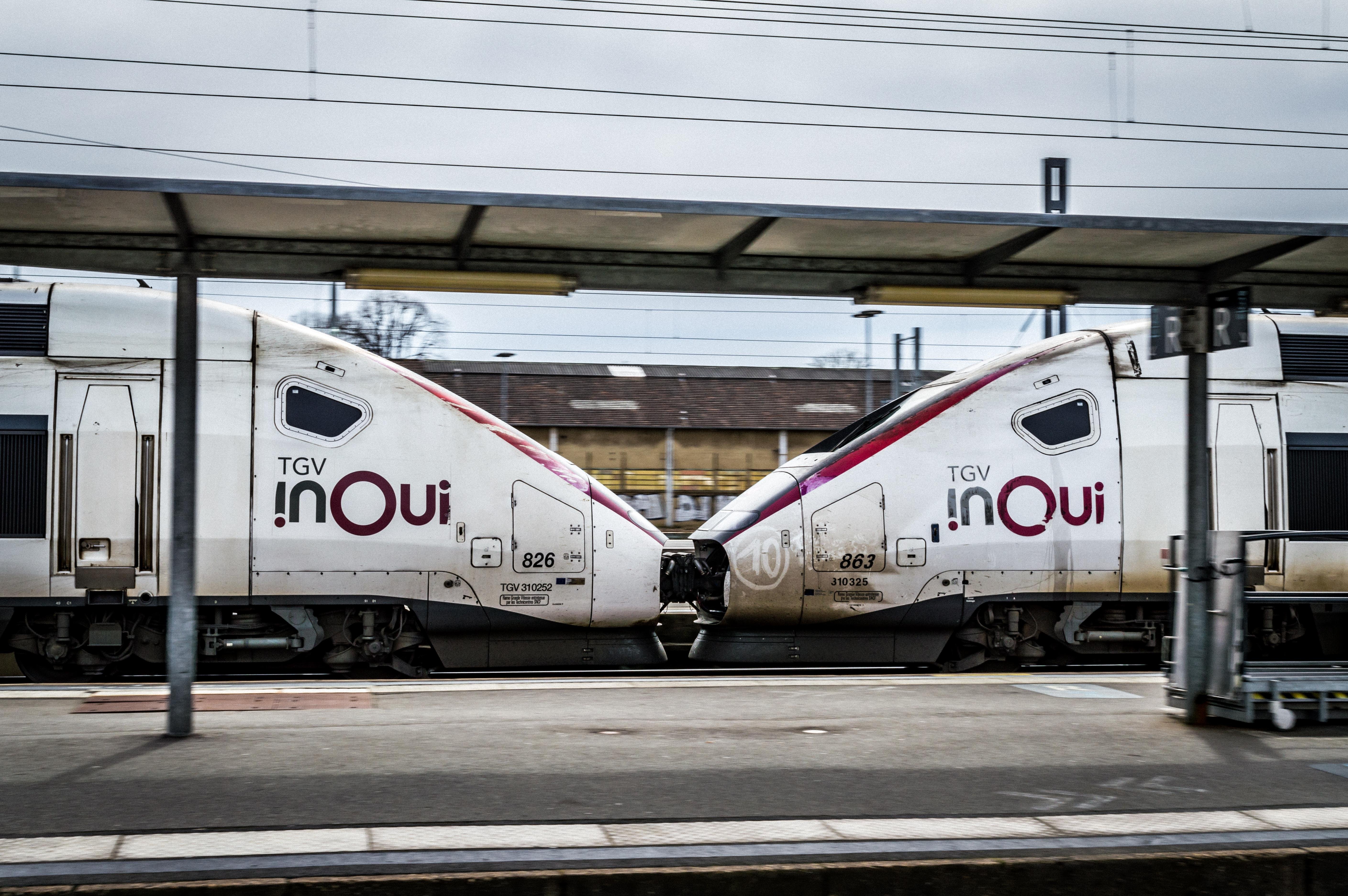 Two TGV Europduplex units passing by, coupled together
Photo edited to be high-contrast and high-sharpness