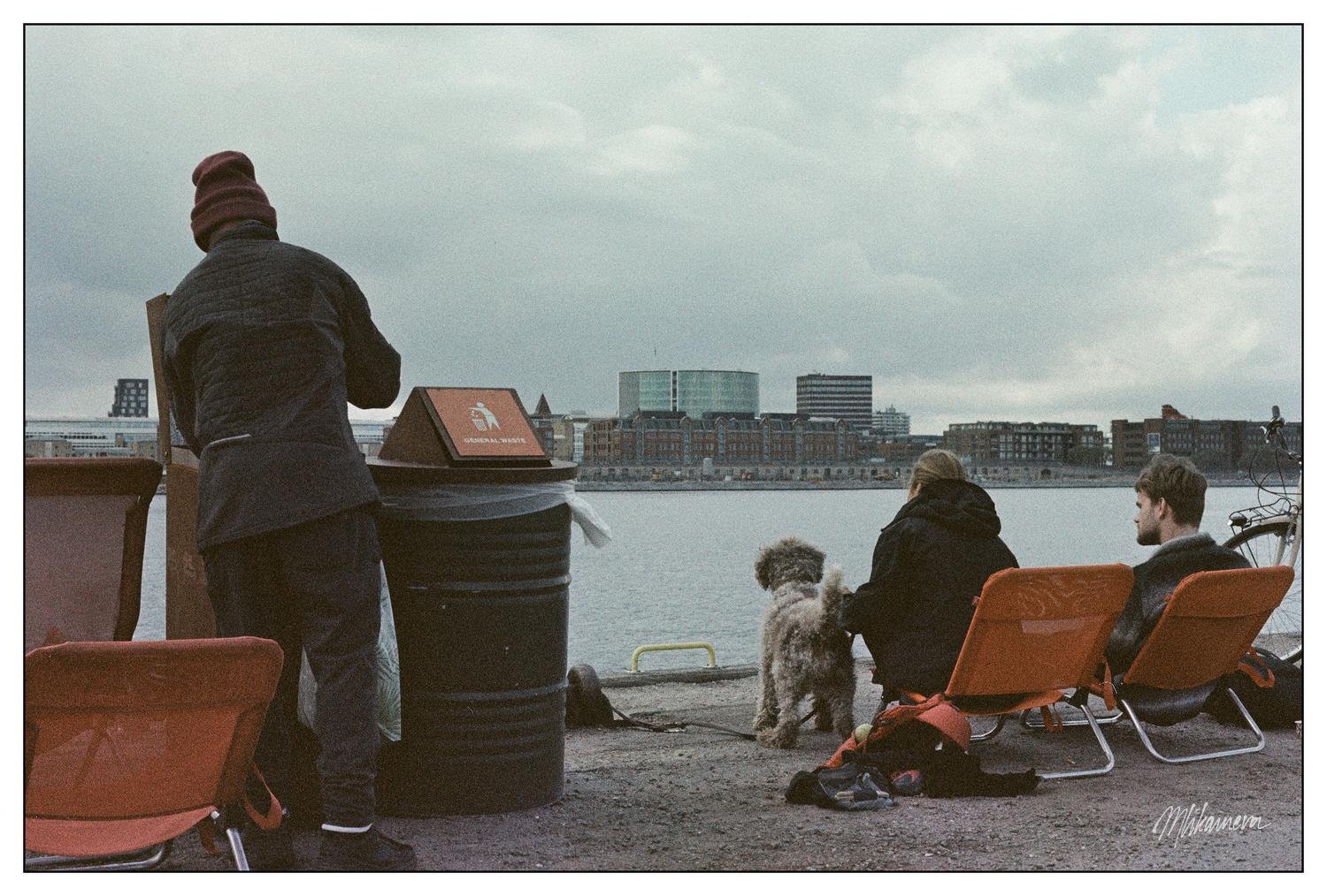 Three people are on a waterfront. Two are seated in orange lounge chairs facing the water, with a curly-haired dog standing between them. One person stands near a recycling bin wearing a maroon beanie and a dark jacket. In the background, a city skyline with various modern buildings is visible under a cloudy sky.