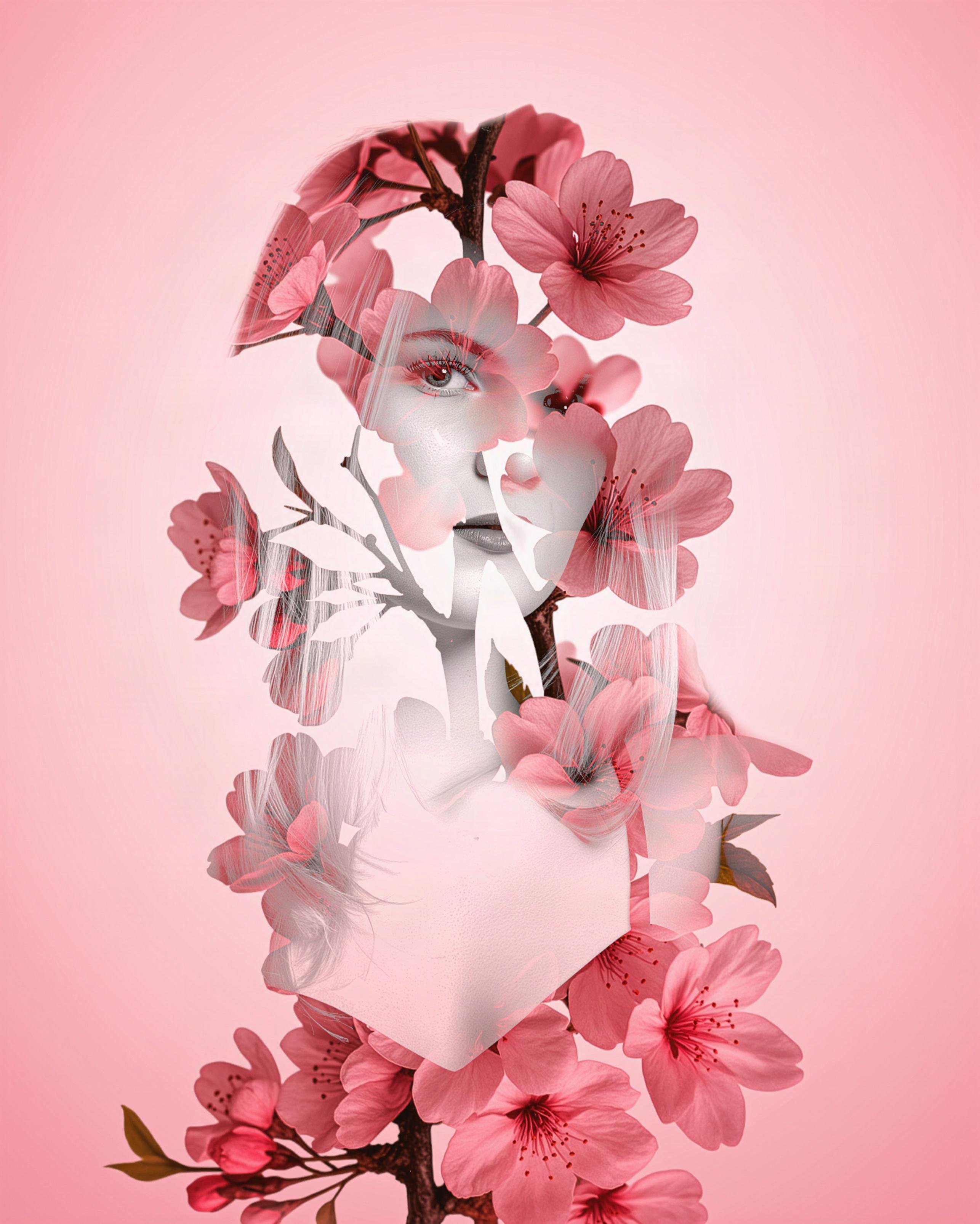 Pink cherry blossoms overlaying a grayscale portrait of a woman's face, creating a double exposure effect. The blossoms are vivid against a soft, pink background, with branches visible among the petals. The woman's facial features, including eyes and lips, are partially visible under the flower overlays, blending the two images seamlessly.