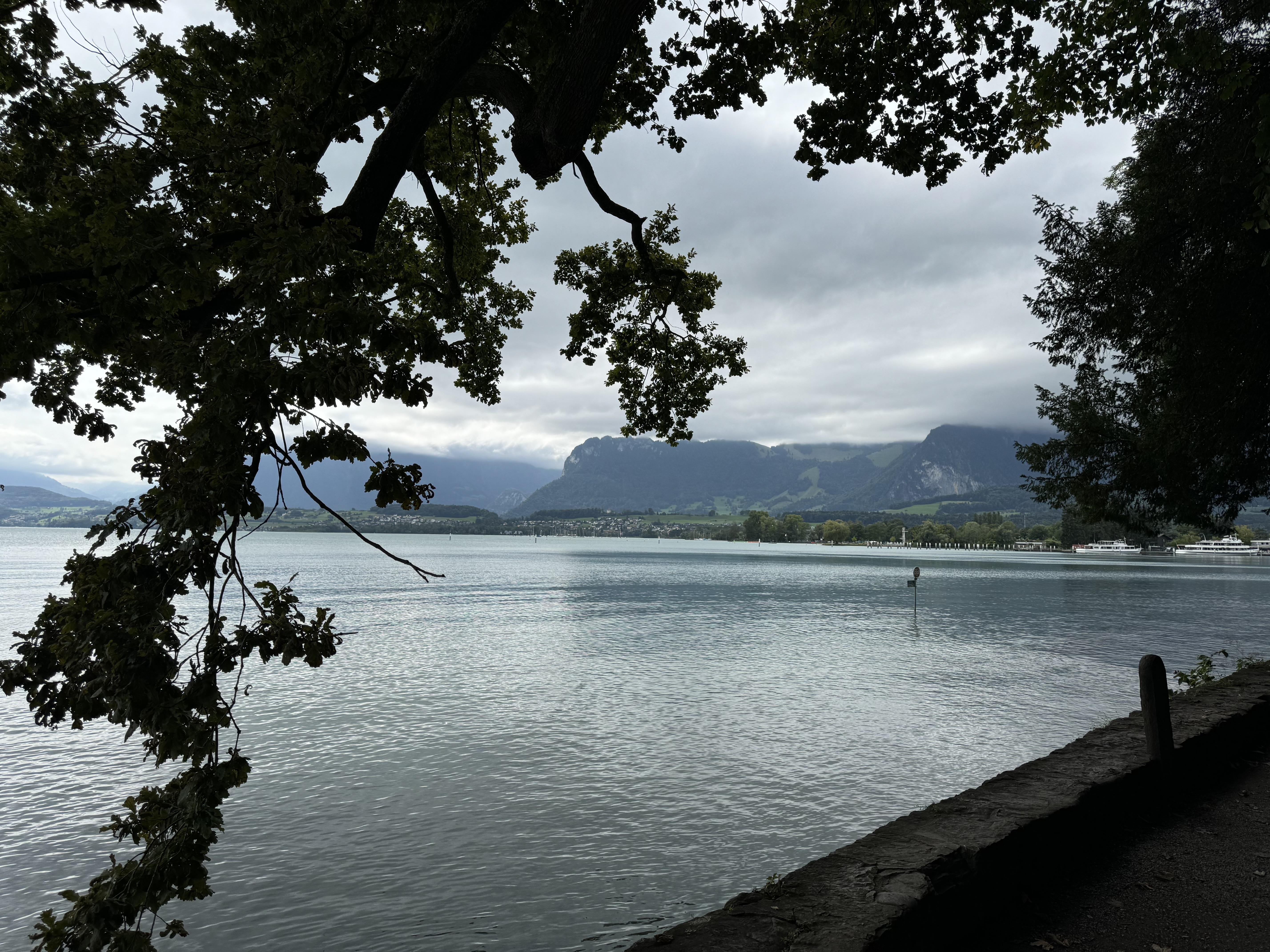 The image depicts a beautiful lakeside scene. The water is calm and framed by tree branches and leaves in the foreground. In the background, there are mountains partially covered in clouds, adding to the scenic beauty. The weather appears to be cloudy but not stormy, and the overall setting looks serene and peaceful. On the right side of the image, part of a stone pathway along the lake is visible, hinting at a possible walking area alongside the water.