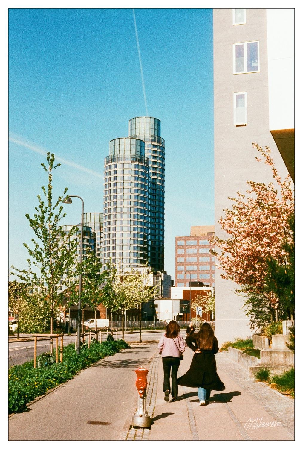 Sidewalk in a city with two people walking away toward tall blue-glass high-rise towers; a red fire hydrant in the foreground, trees and shrubs along the path, and a light-colored building on the right under a clear blue sky with a faint contrail.