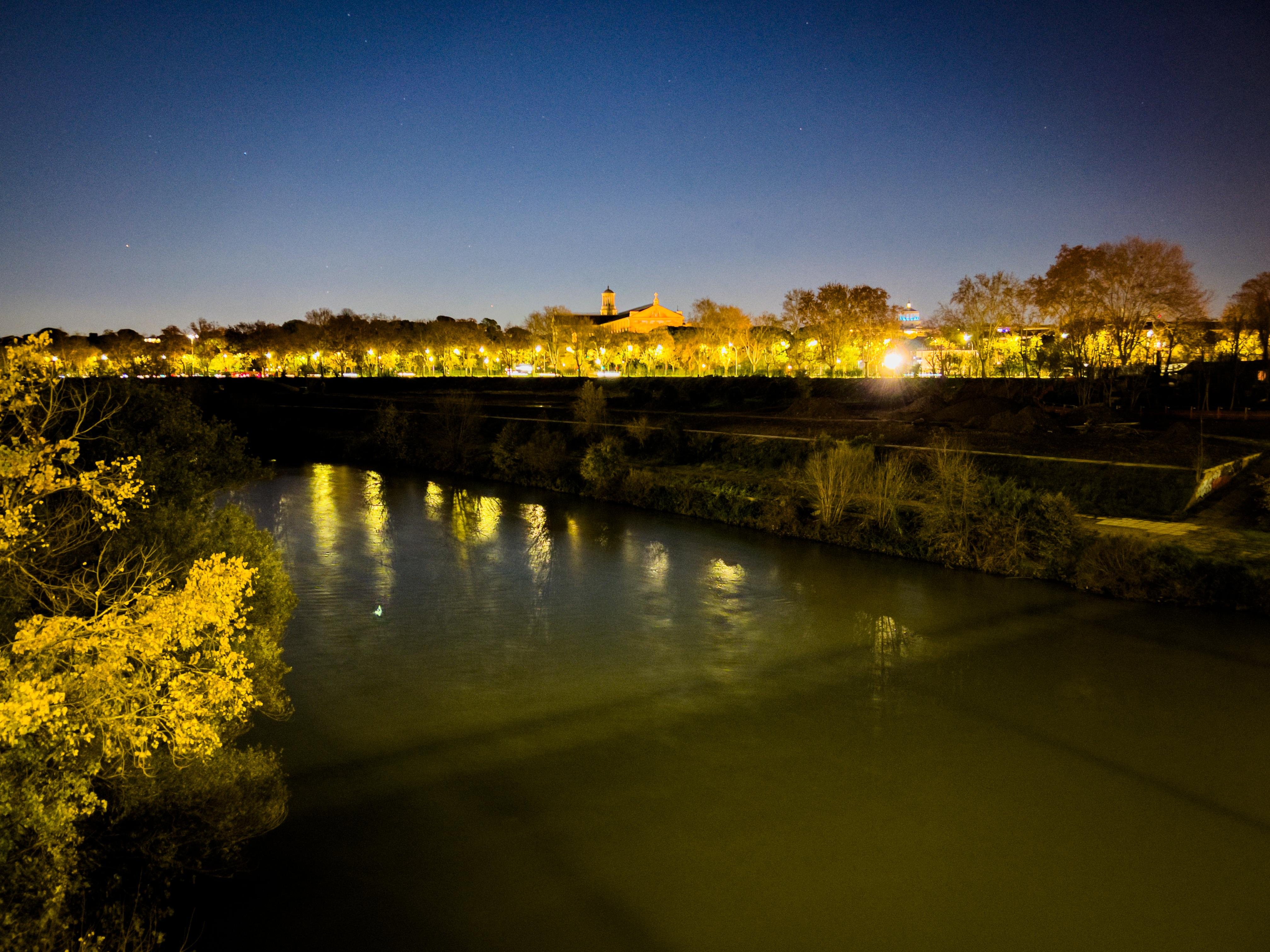 Scena notturna di un fiume con alberi lungo le sue rive. Sullo sfondo, ci sono edifici illuminati, probabilmente con lampioni che si riflettono sull'acqua. Il cielo è sereno e scuro, suggerendo una notte tranquilla.