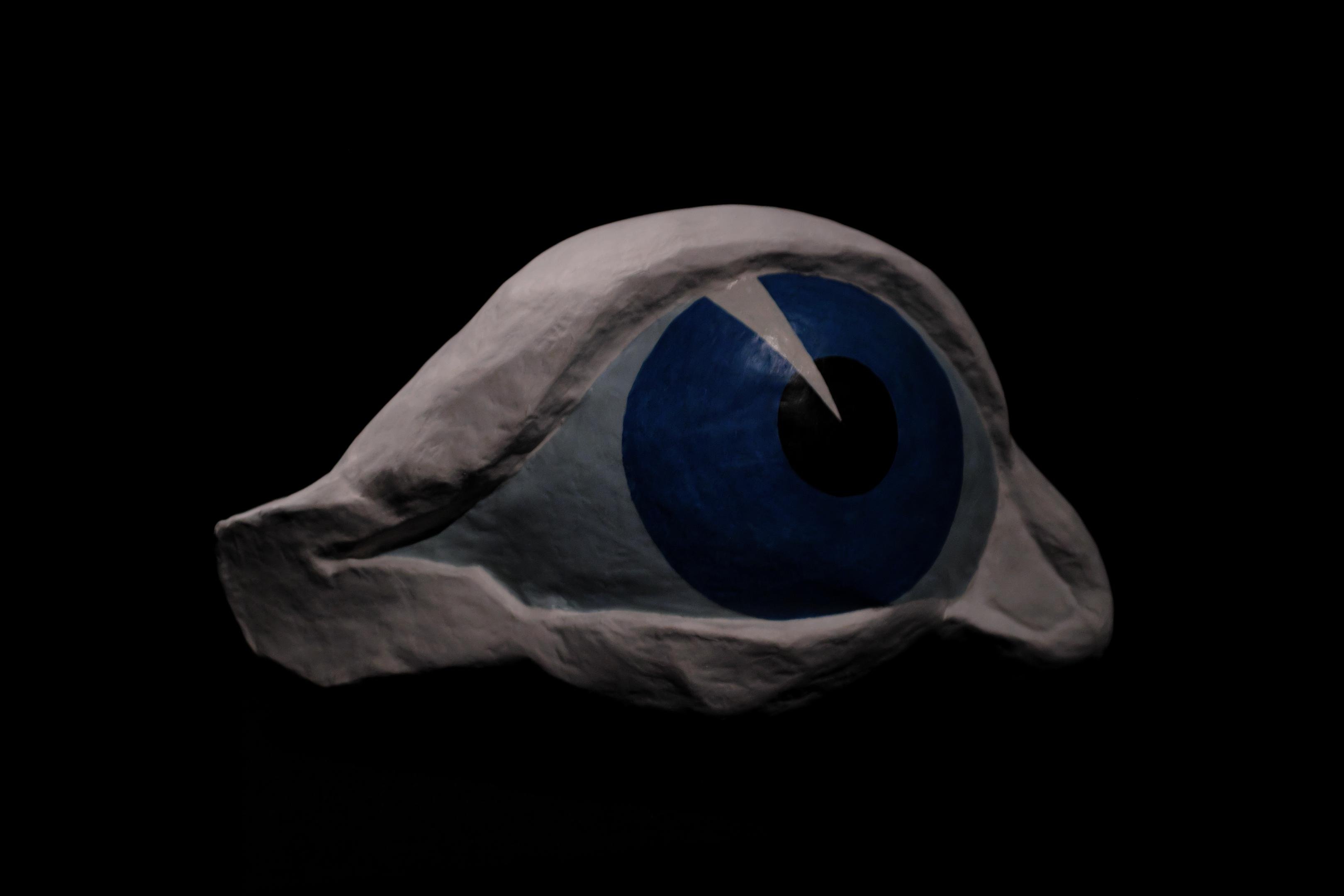 Sculpture of a human eye with a large blue iris and dark pupil, wrapped in a white, textured eyelid. The eye is set against a black background, emphasizing its features and shape.