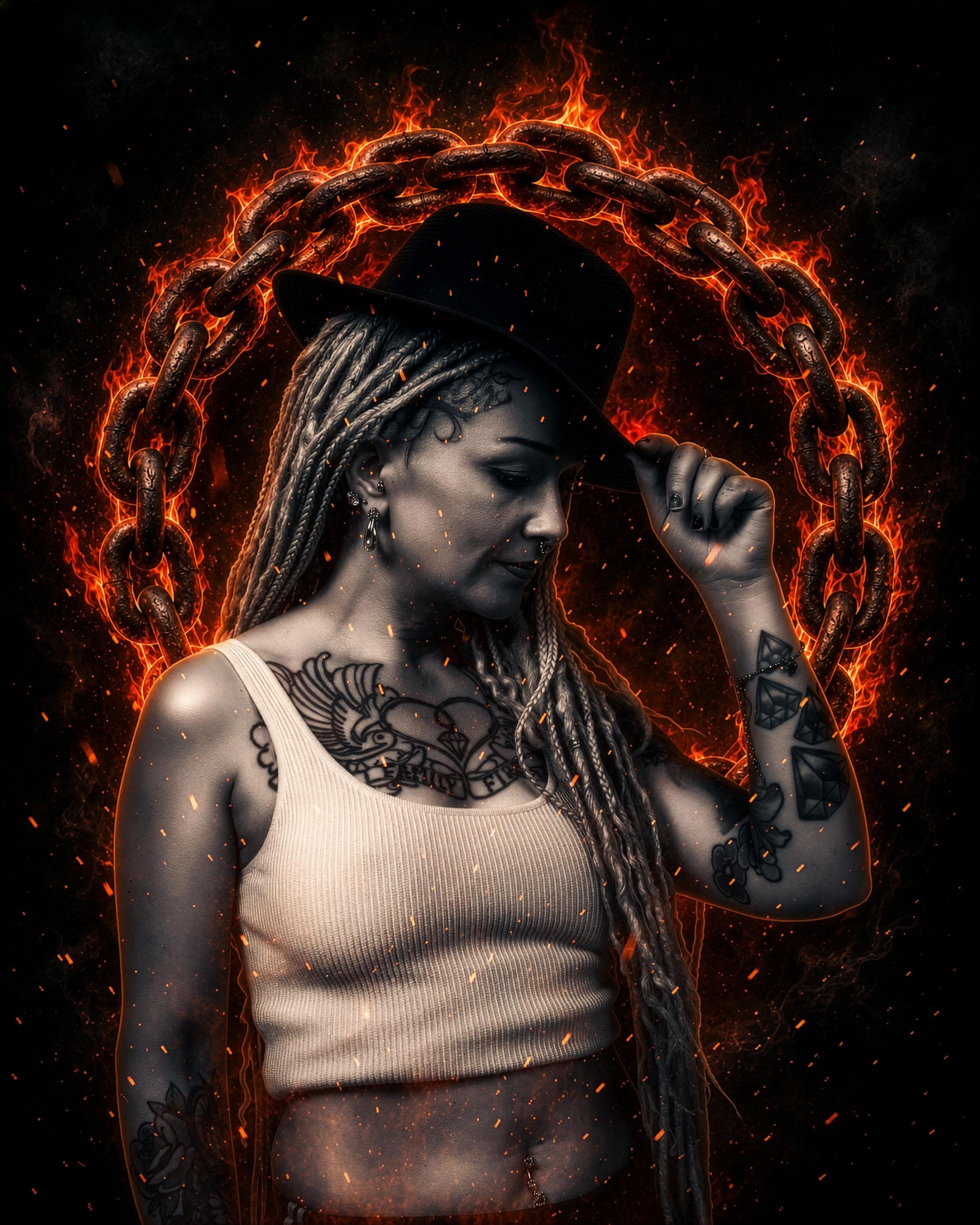 Side-profile portrait of a tattooed person with long blond dreadlocks wearing a black wide-brim hat and white crop tank top, tipping the hat with one hand; a ring of heavy chain links burns in orange flames behind them against a dark smoky background with floating sparks.