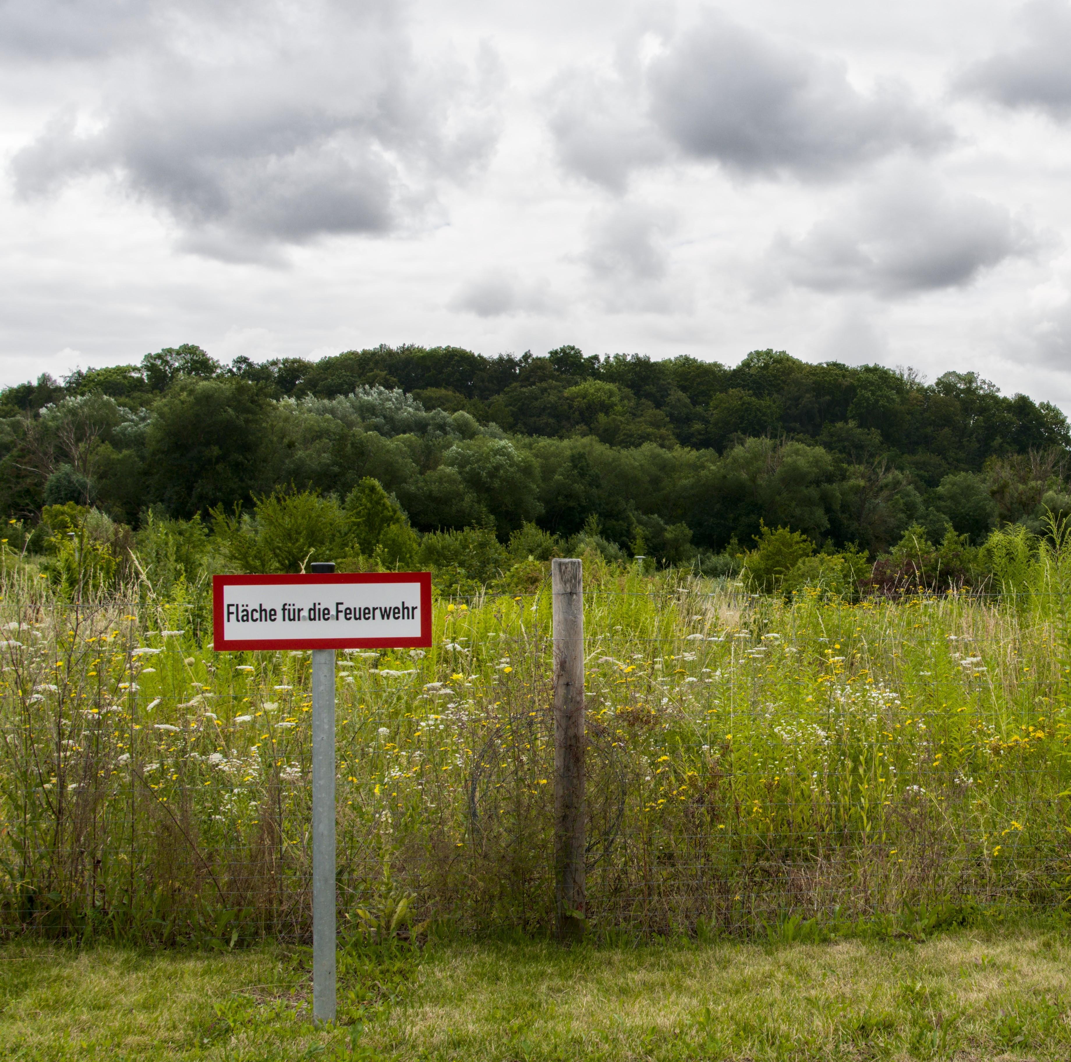 Red-and-white sign reading “Fläche für die Feuerwehr” on a metal post beside a wooden stake in a grassy, wildflower field, with a tree-covered hill and cloudy sky in the background.