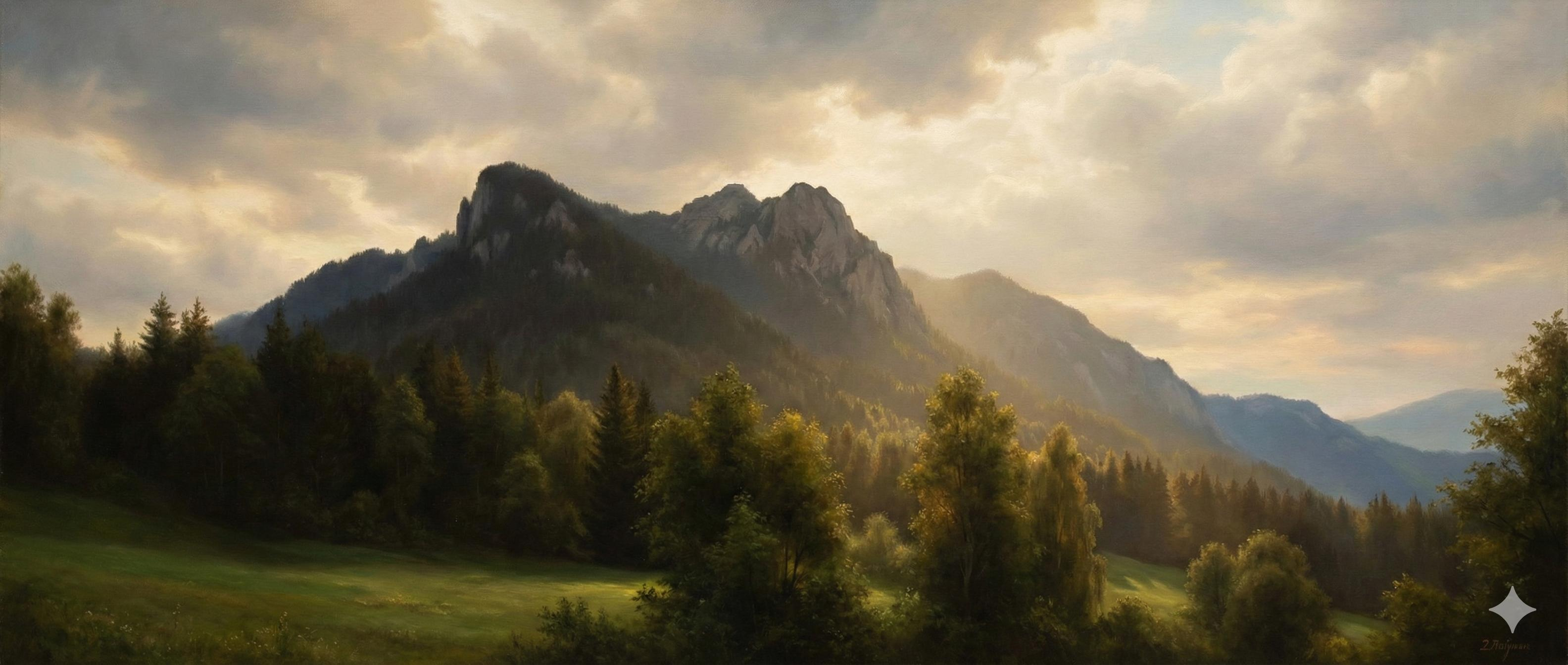 An AI-created painting in the luminism style, based on a photograph by Cynni taken in Breitenau am Hochlantsch, Steiermark, Austria. The scene is a dramatic mountain landscape at what appears to be sunset or sunrise. Soft, warm golden sunlight breaks through a heavy, cloudy sky, casting a radiant glow on a prominent, rugged mountain peak and a dense forest of dark green coniferous trees in the midground. The trees are backlit, catching the light and creating a soft haze. In the foreground, there is a grassy meadow that is partly in shadow. The overall atmosphere is peaceful and glowing, with smooth brushwork that emphasizes the light. A small white diamond logo and a signature are in the bottom right corner.