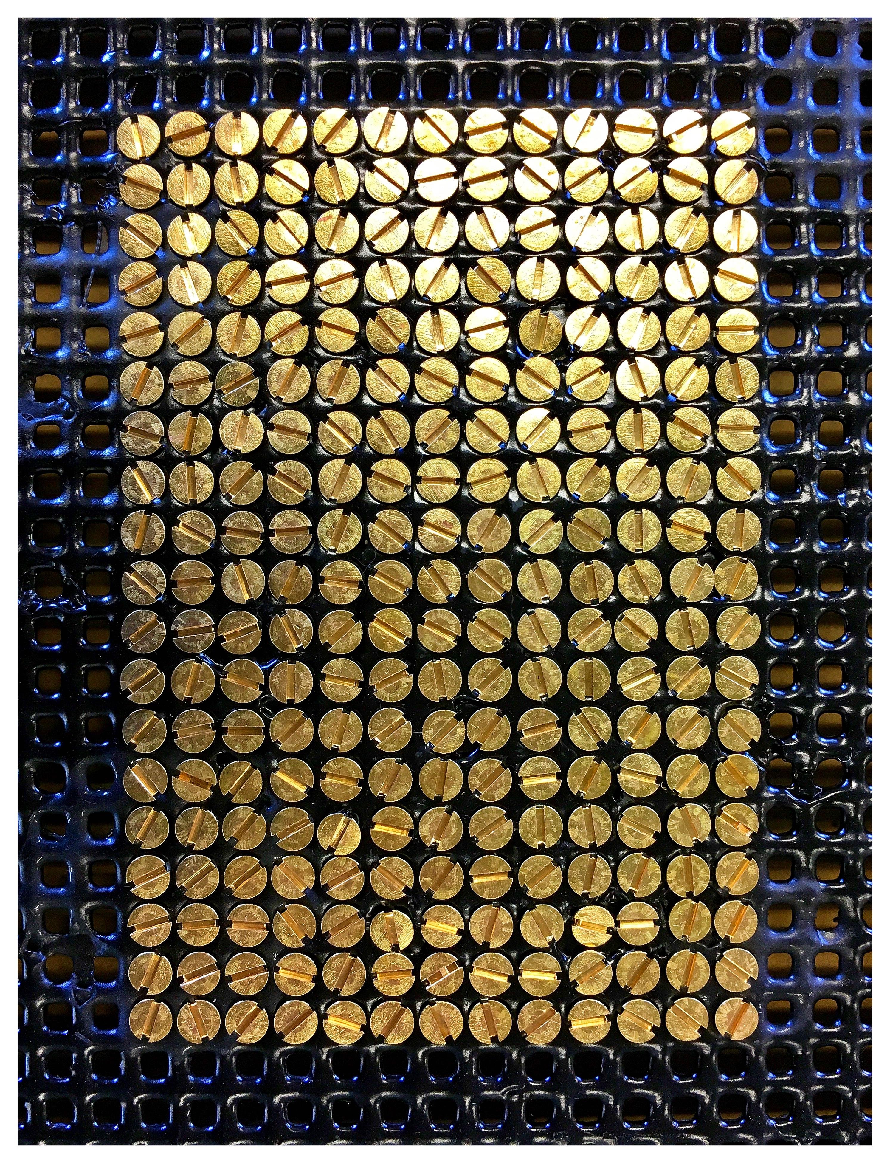 Close-up of many gold-colored slotted screw heads arranged in a tight grid, centered on a black perforated mesh with square holes.