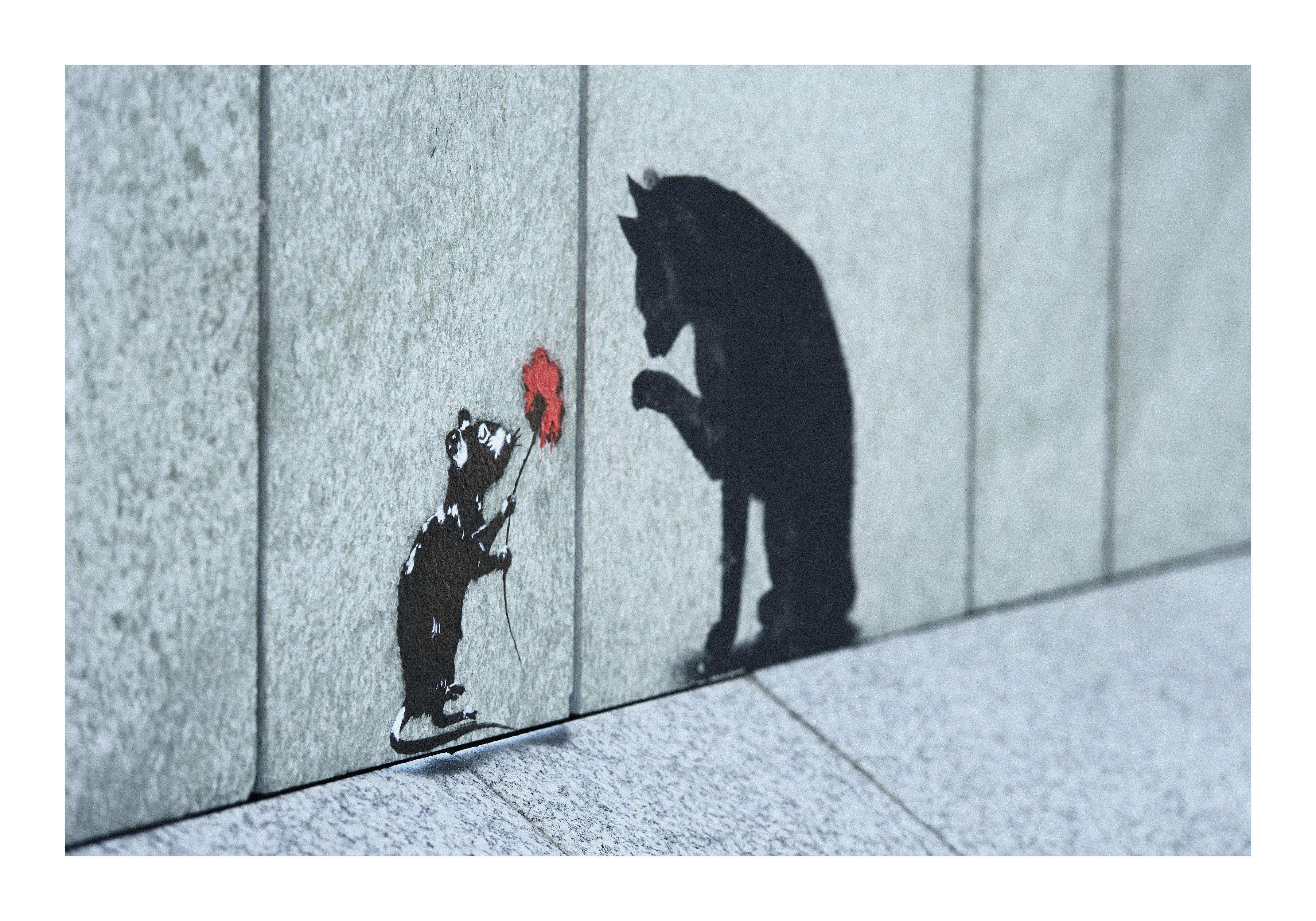 Graffiti Zeichnung auf einer Mauer. Eine Ratte die eine Blume hält und einer Katze schenken möchte.