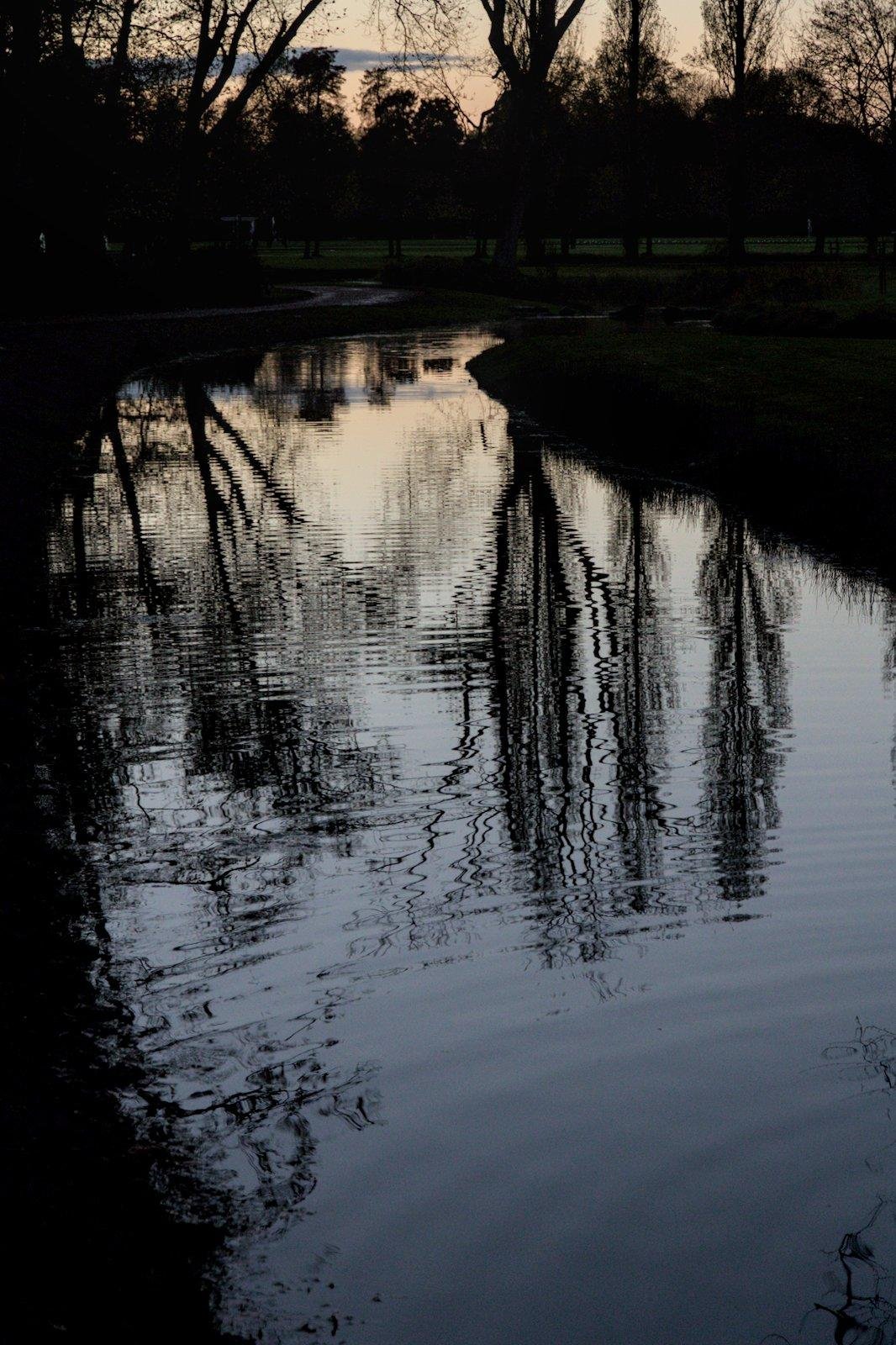 Photo format portrait d’une rivière reflétant les arbres et le ciel au soleil couchant, partant du bas de l’image et allant vers le point de fuite