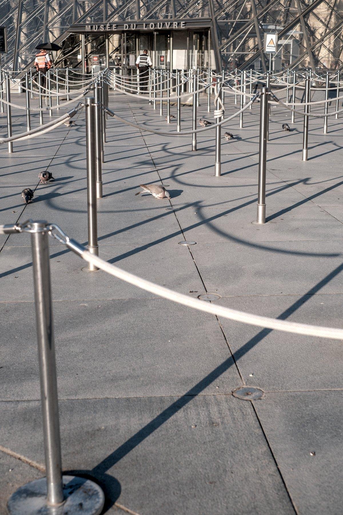 Photo verticale. Sur le parvis du Louvre, le chemin de queue avec ses poteau et ses cordages pour contrôler le flux des visiteurs, vide à cette heure. Des pigeons picorent ce qu’ils trouvent du reste du passage des visiteurs. En arrière plan on voir l’entrée dans la pyramide et l’inscription « Musée du Louvre » sur le linteau