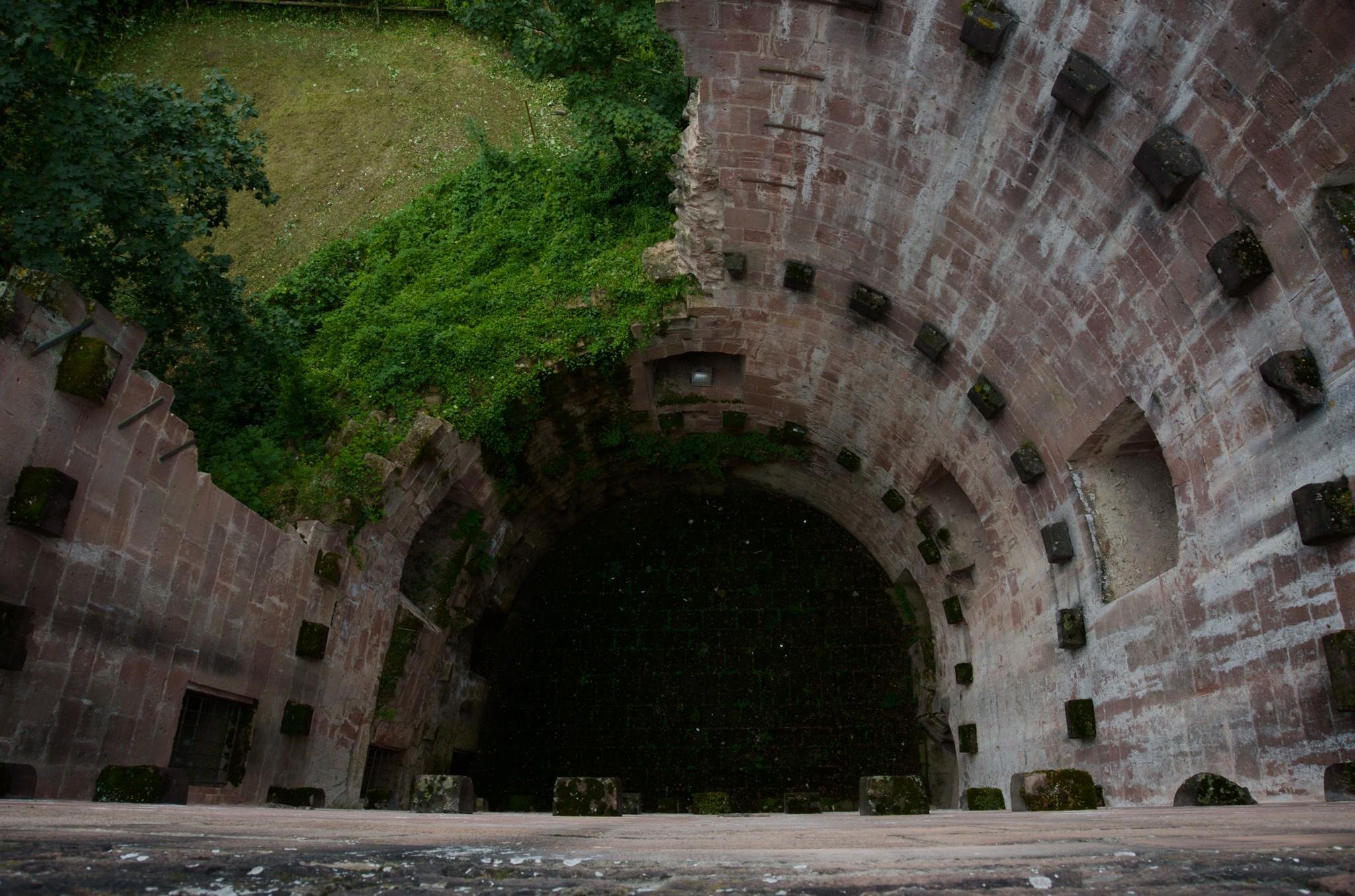 Top-down view into a circular stone pit with curved brick walls, protruding blocks, and a dark shadowed bottom; grass and dense greenery border the upper edge of the opening.