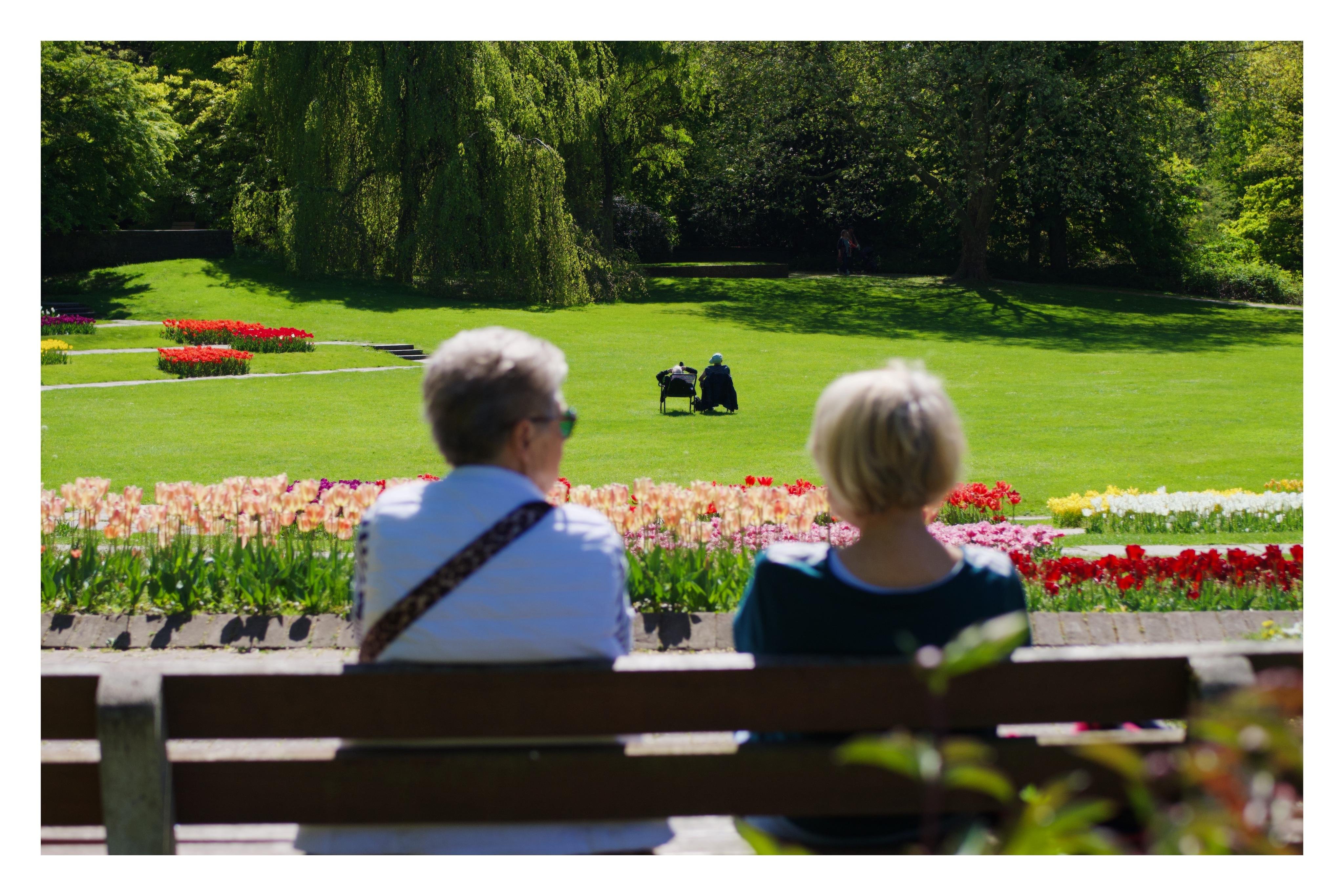 Zwei Personen sitzen auf einer Parkbank und blicken auf eine große Rasenfläche mit bunten Blumenbeeten im Sonnenschein.
