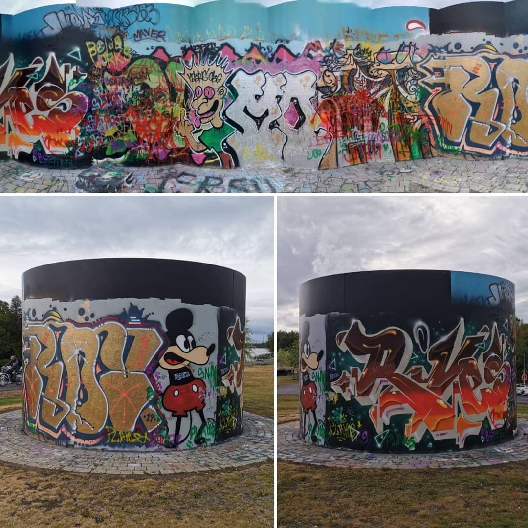 Three-panel collage of a cylindrical outdoor structure covered in colorful graffiti; top panel shows a long wraparound view with layered tags, cartoon faces, and large bubble letters, while the two bottom panels show side views featuring big gold letters, a Mickey Mouse character, and angular red-and-brown lettering on cobblestone and grass under a cloudy sky.