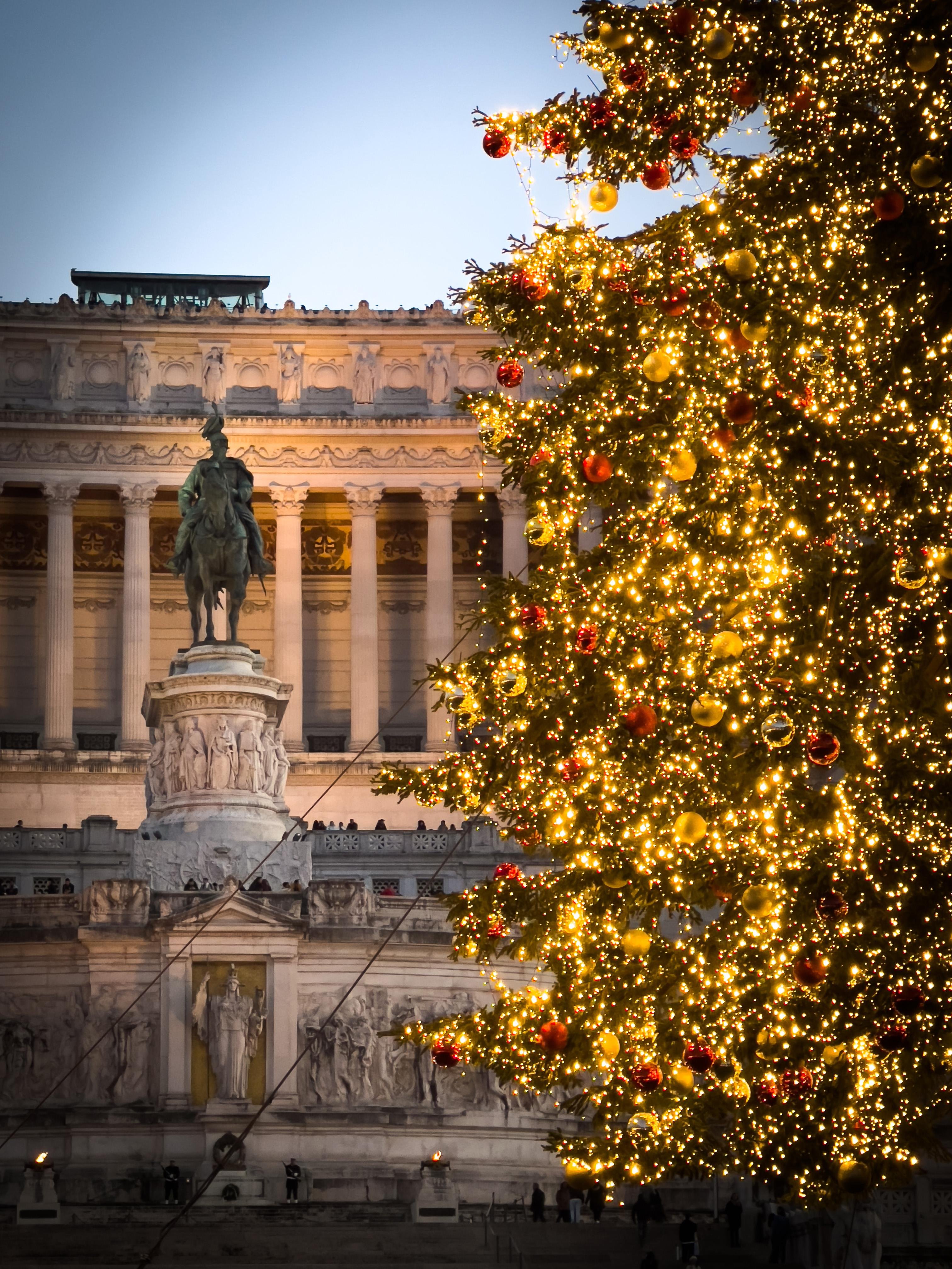 Albero di Natale brillantemente decorato con luci e ornamenti in primo piano. Sullo sfondo, c’è un grande edificio con architettura classica e una statua di un cavallo e cavaliere. Questo scenario è probabilmente un luogo pubblico o storico adornato per la stagione delle feste.