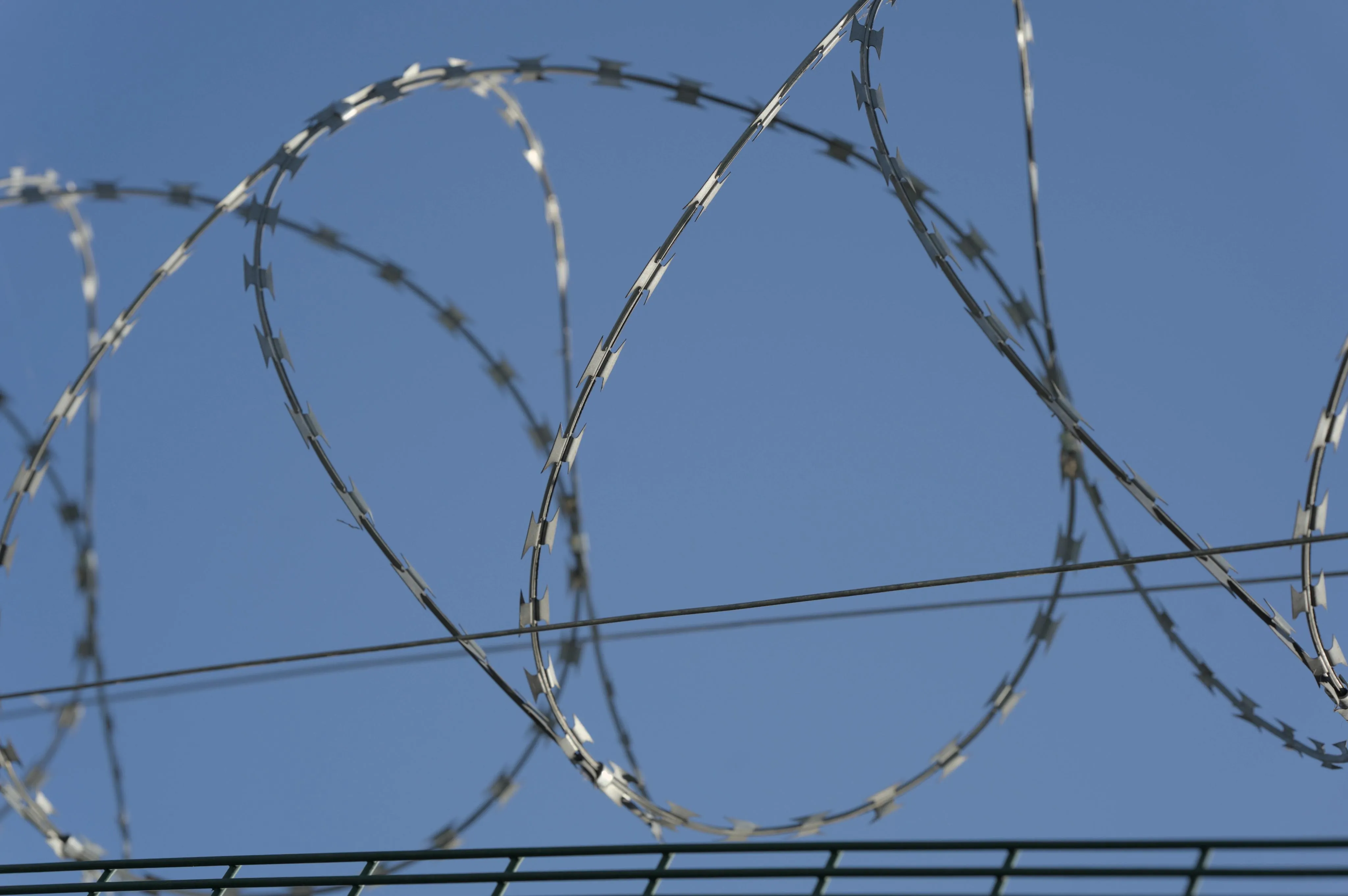 Close-up photograph of metallic barbed wire swirling on top of a fence, with the clear blue sky in background.
