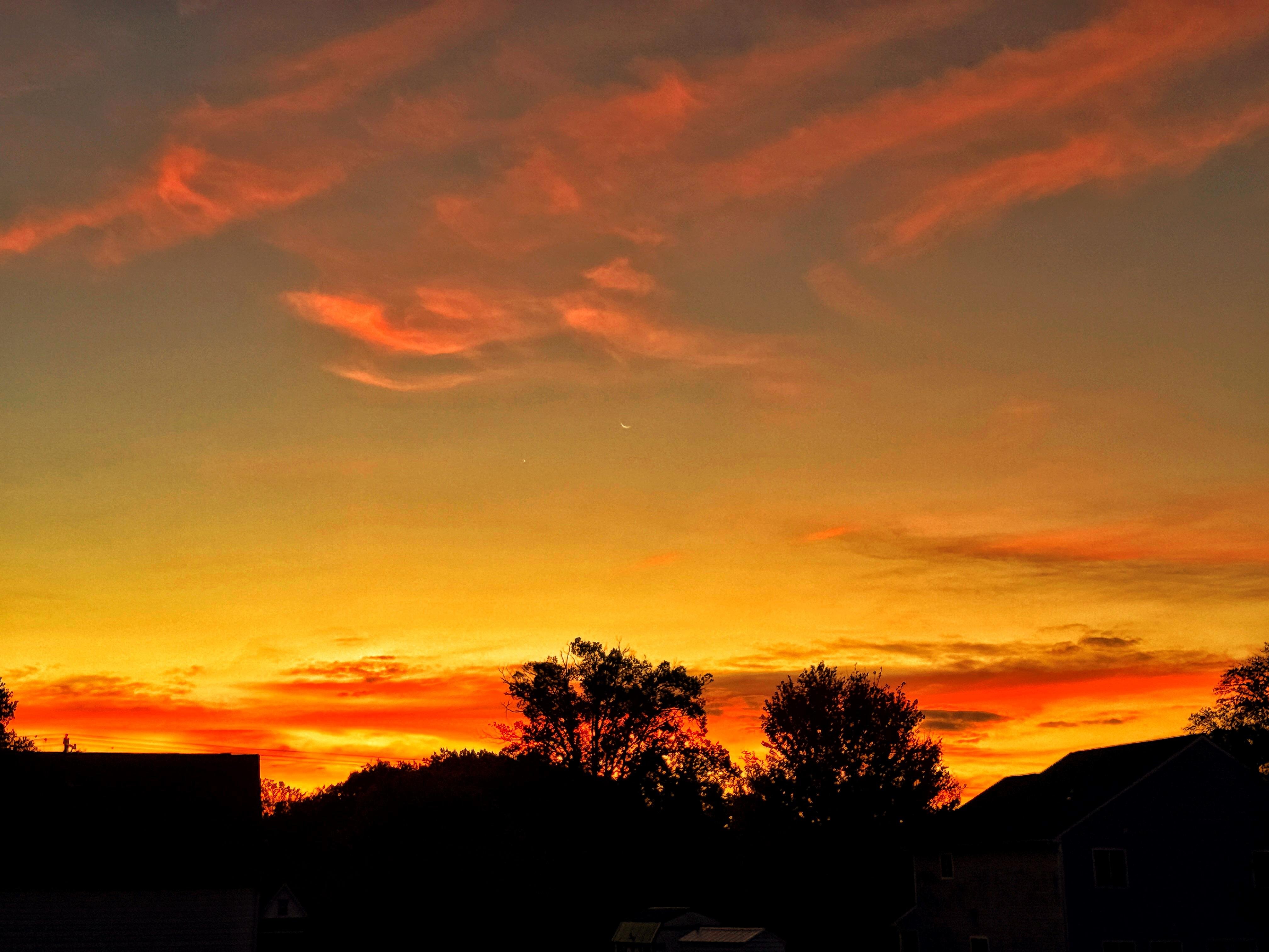 The image depicts a vibrant sunset over a silhouetted landscape. The sky is dominated by intense shades of orange and red, with the brightest hues concentrated near the horizon. Wispy, cloud formations stretch across the upper portion of the frame, adding texture and depth to the scene. Below the horizon, dark silhouettes of trees and rooftops are visible, creating a strong contrast against the glowing sky. The overall composition is a striking display of color and shadow.