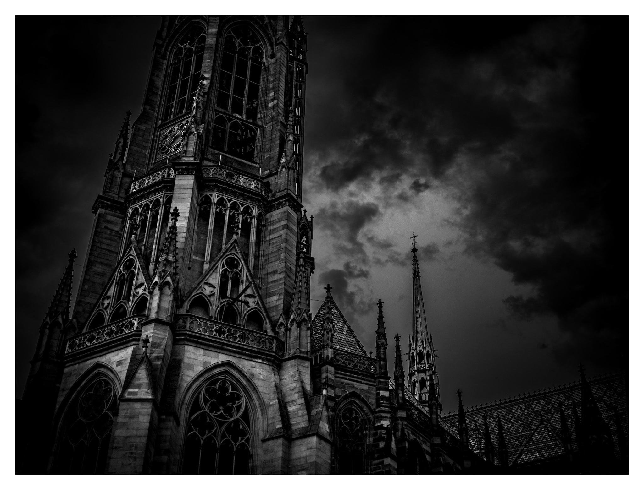 Black-and-white low-angle view of a Gothic cathedral with ornate stonework, pointed arches, and tall spires rising against a cloudy sky, framed with a thin white border.