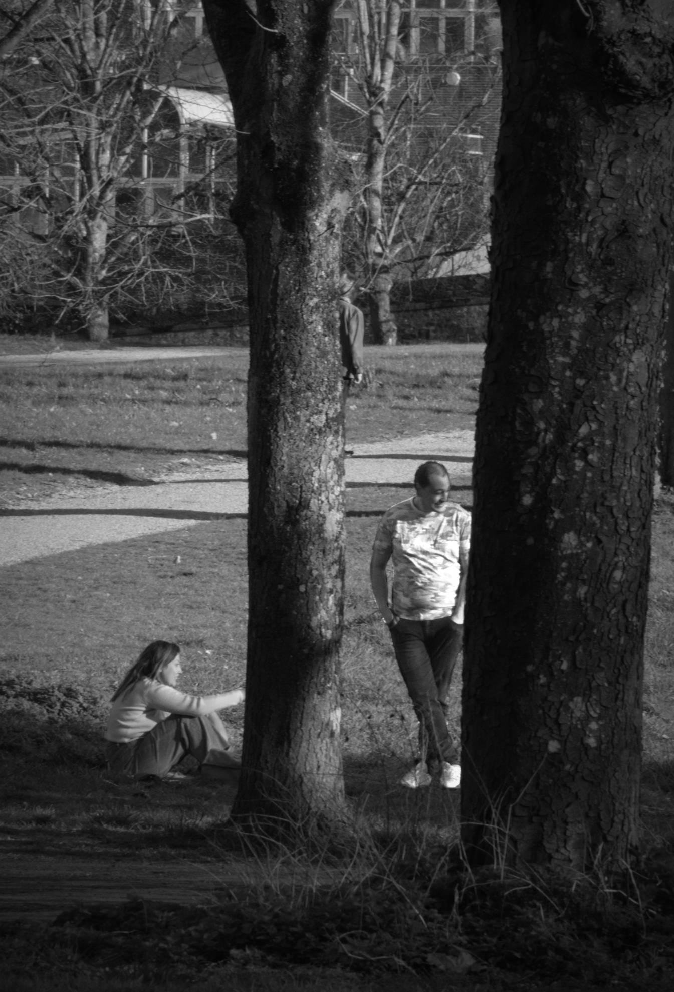 La photographie est en noir et blanc et représente une scène de parc. Au premier plan, il y a deux grands arbres. Une personne est assise sur le sol près de la base d'un arbre, tandis qu'une autre personne se tient debout entre les deux arbres. Il y a des chemins à l'arrière-plan et des arbres autour de la zone. 