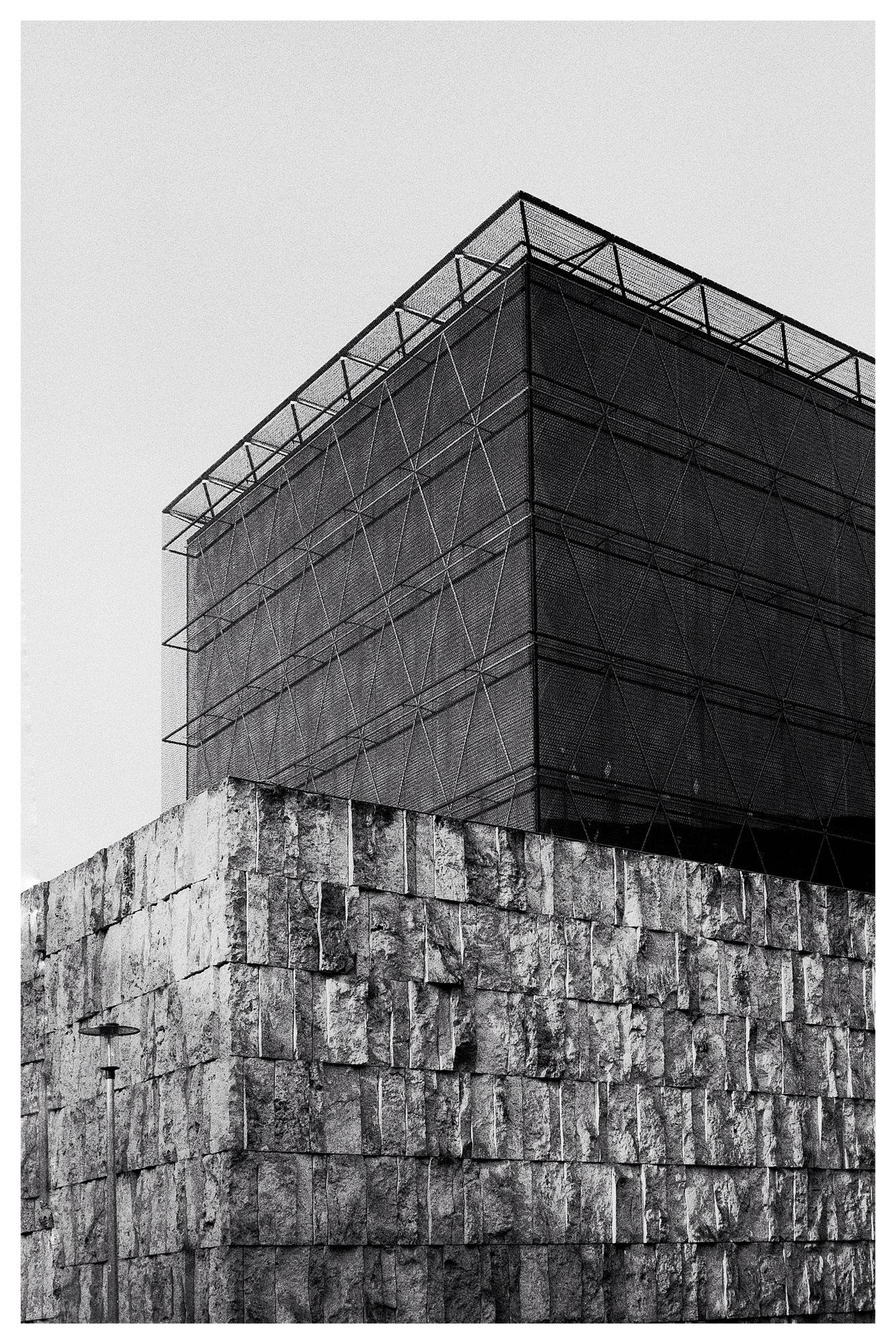 Black-and-white low-angle view of a building corner with a rough stone-block base and an upper level wrapped in metal mesh and scaffolding rails against a blank sky.