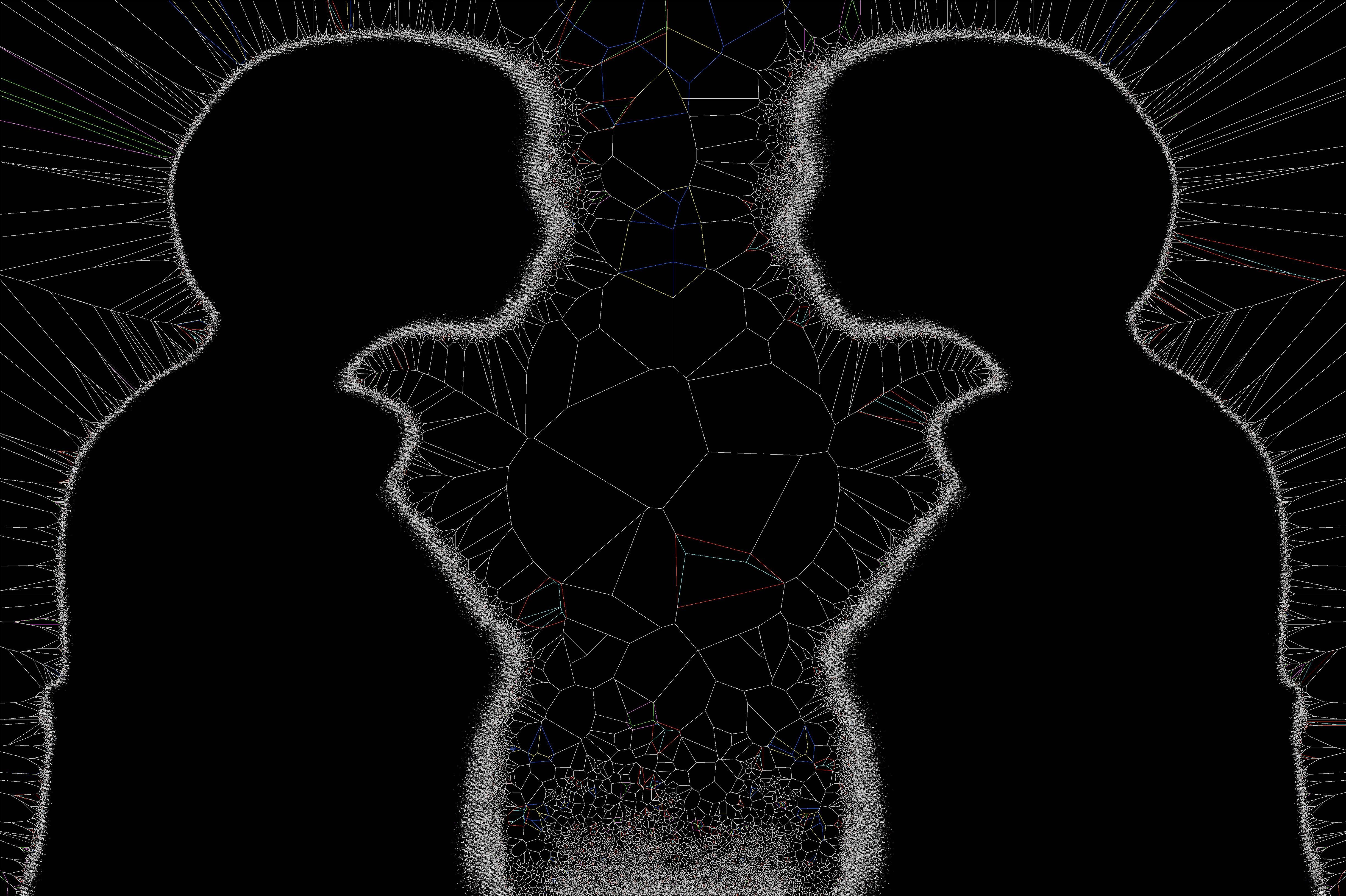 Two black, fuzzy-edged silhouettes in profile facing each other against a dark background with a symmetrical web-like geometric pattern radiating from the center.
###
Zwei schwarze, unscharfe Silhouetten im Profil, die sich vor einem dunklen Hintergrund mit einem symmetrischen netzartigen geometrischen Muster gegenüberstehen, das von der Mitte ausstrahlt.