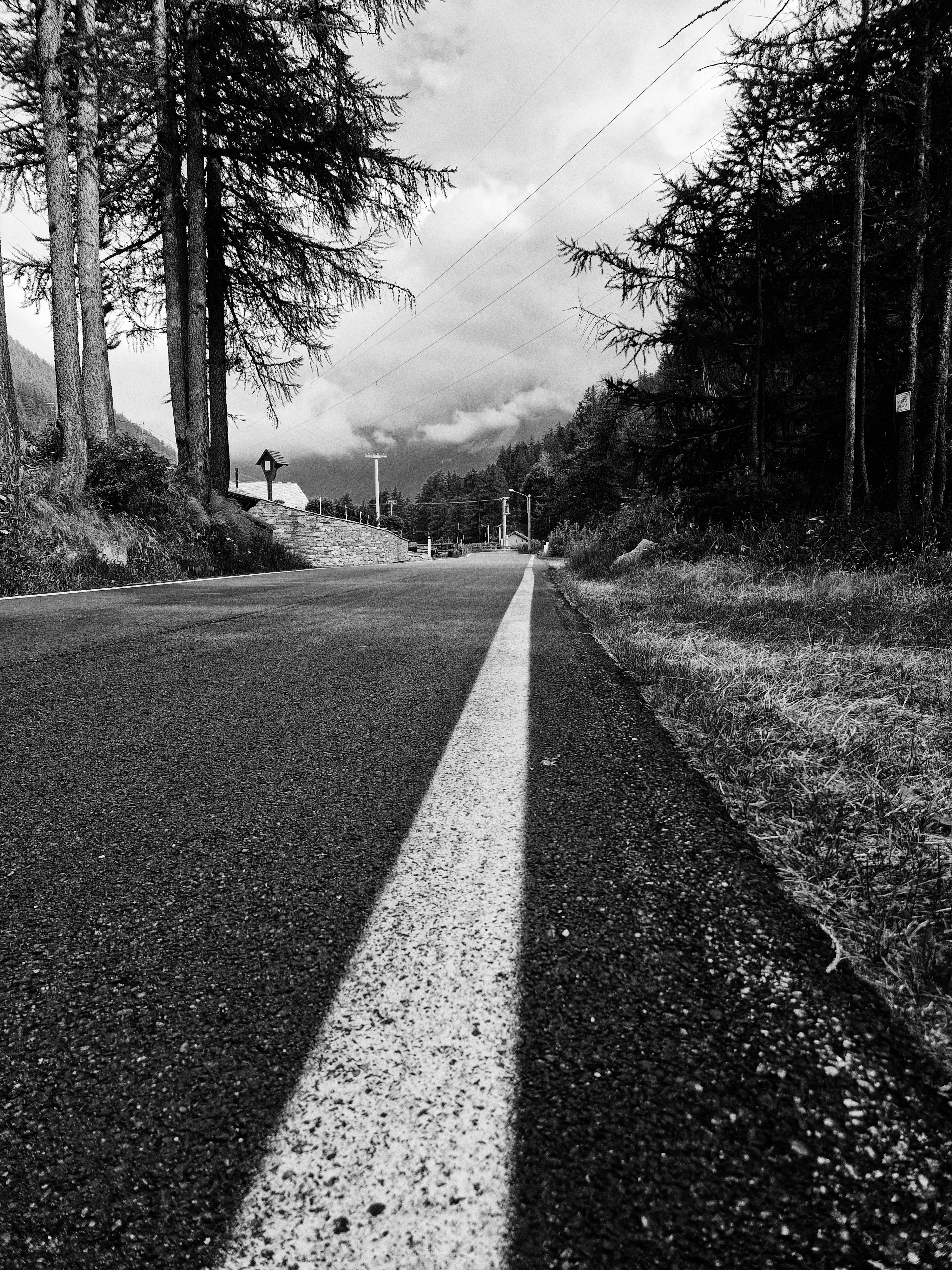 A black and white image of a road with a prominent white center line running from foreground to background. Flanked by tall trees on both sides, the road curves slightly in the distance. Overhead, power lines stretch across the scene. The sky is cloudy, with rolling clouds creating a dramatic backdrop. A stone wall and traffic sign are visible near the road’s curve.