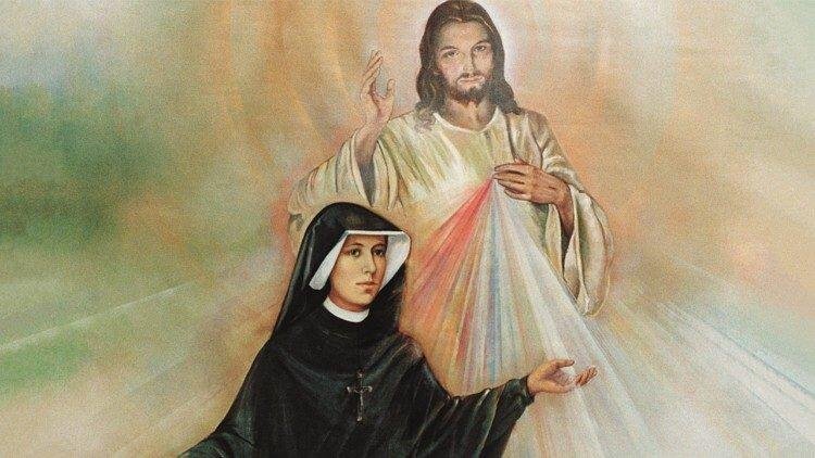 Santa Faustina con sullo sfondo l'immagine della Divina Misericordia