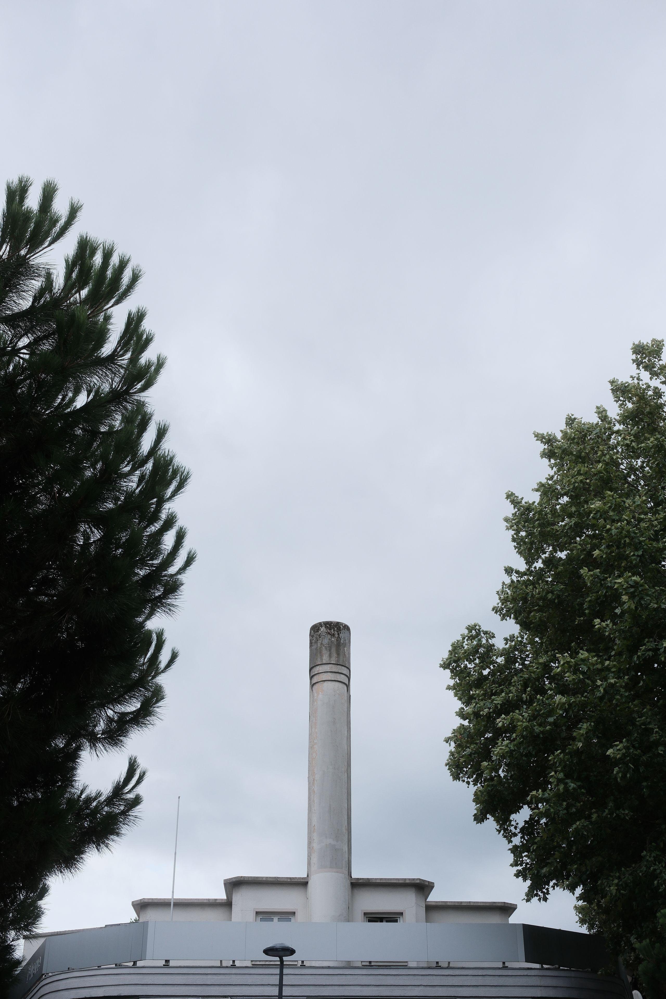 Photo format portrait avec en bas au centre, le haut d’un bâtiment en escalier avec au centre une cheminée. Des arbres cadre la photo à gauche et à droite, le fond est un ciel gris
