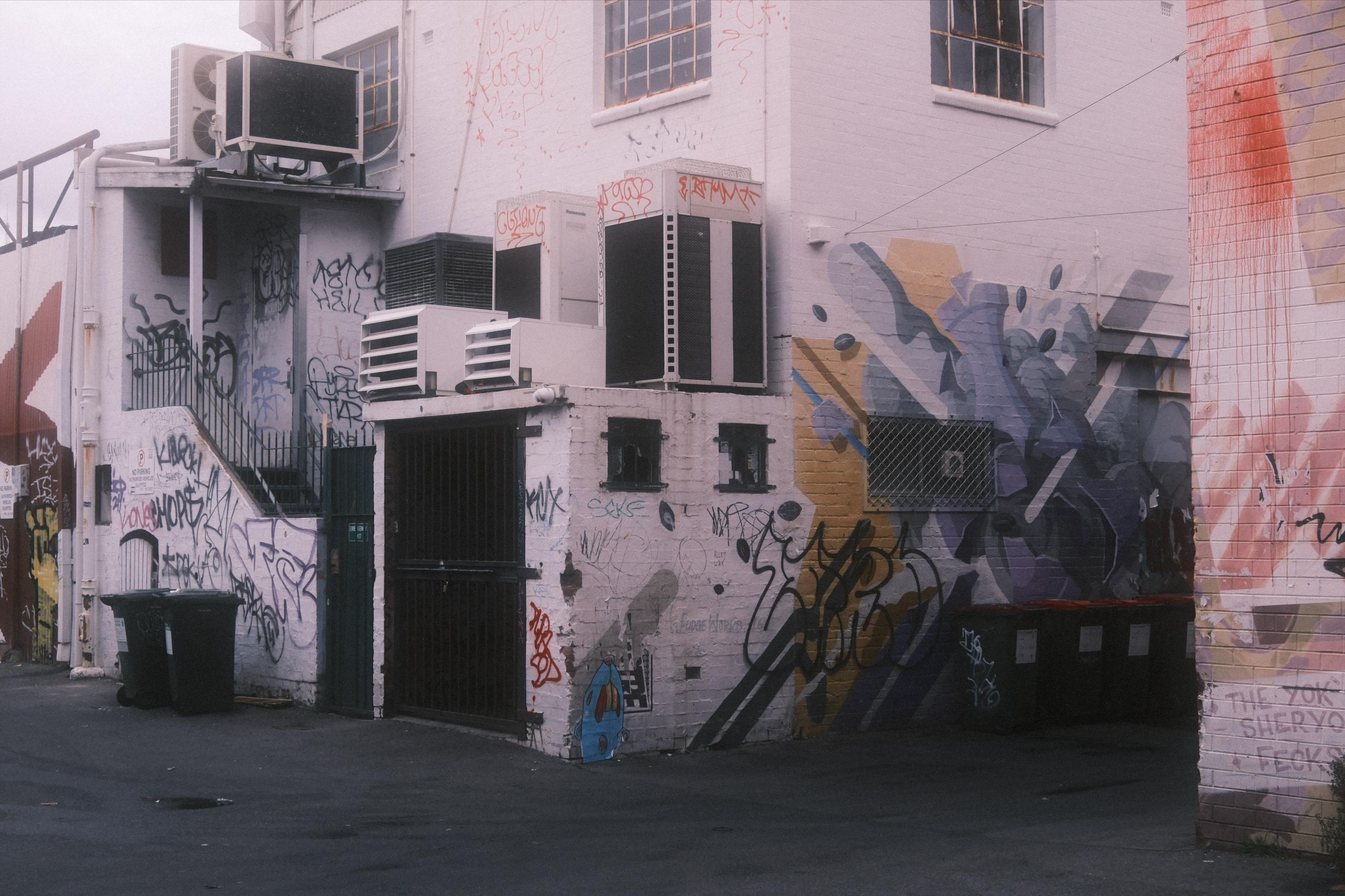 Graffiti-covered brick building in an alley, with metal doors, vents, and air-conditioning units on the wall, two trash bins near the corner, and additional painted murals extending onto the adjacent wall.