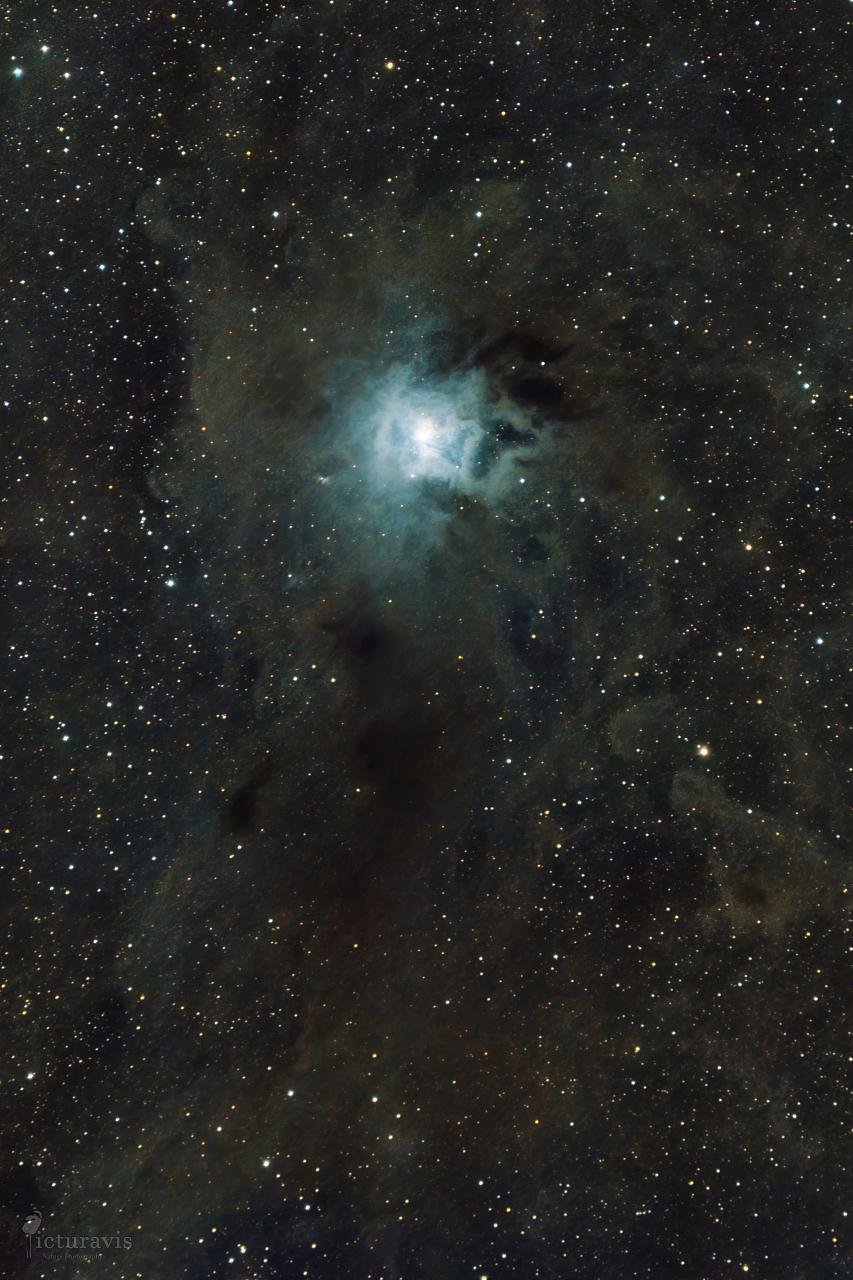 An image of a small section of the night sky that contains multiple dark dust clouds in front of the stars. A bright star illuminates the largest of the dark nebulae with a pale blue light. Since it is roundish, with finer details of illuminated edges, the reflection nebula looks a bit like the iris of an eye.