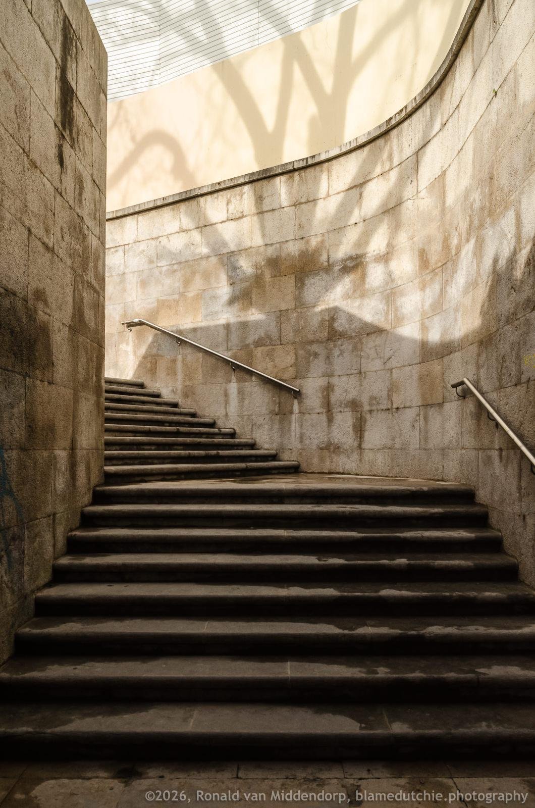 Curved stone stairway ascending between tall concrete walls, with metal handrails on both sides and sunlight casting plant and tree-branch shadows across the upper wall.