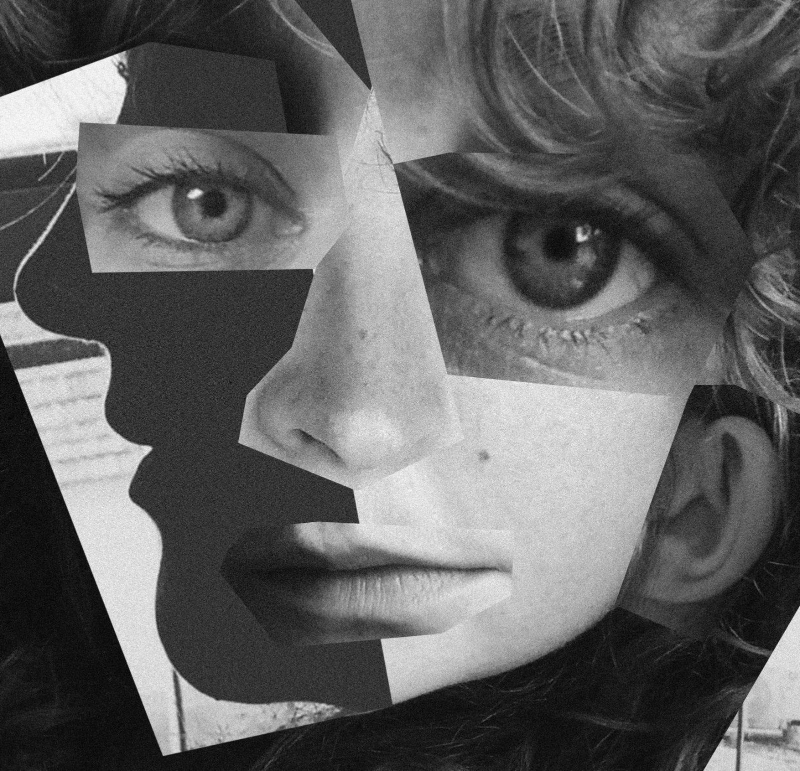 Retrato cubista en blanco y negro hecho a base de un fotomontaje en el que se han combinado partes de un rostro en diferentes perspectivas y procedentes de distintas fotos. Es una mujer de pelo rizado. Aunque la mujer mira de frente, tiene dos ojos de fotos diferentes, dos narices en perspectivas diferentes, una boca en perspectiva de 3/4 y una oreja de perfil. Se combinan los claroscuros y uno de los rostros, el de perfil, es tan solo una silueta negra