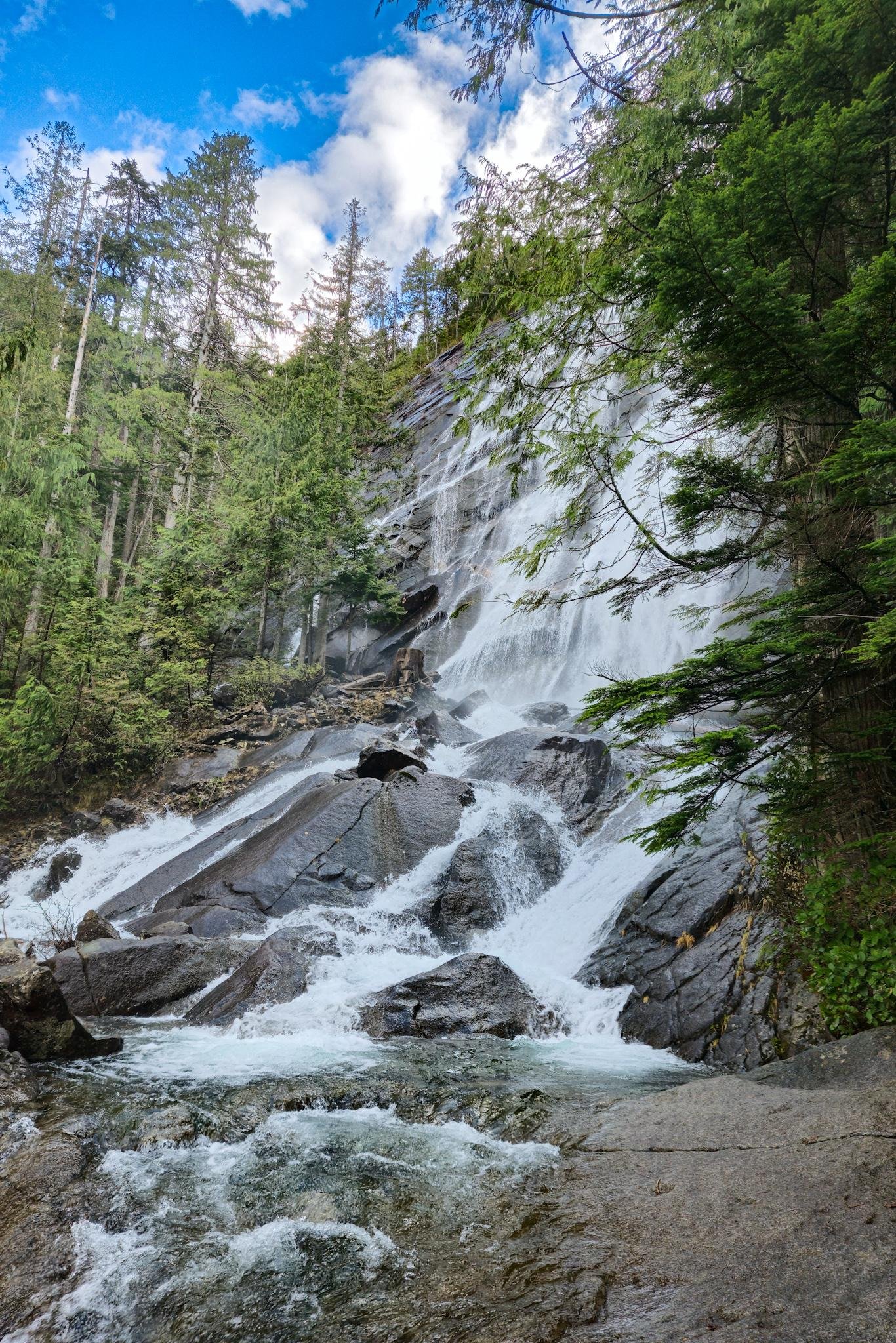 The image shows a waterfall cascading down a rocky slope amidst a forest. There are evergreen trees surrounding the falls, and the water is flowing over large rocks. The sky above is blue with some clouds.