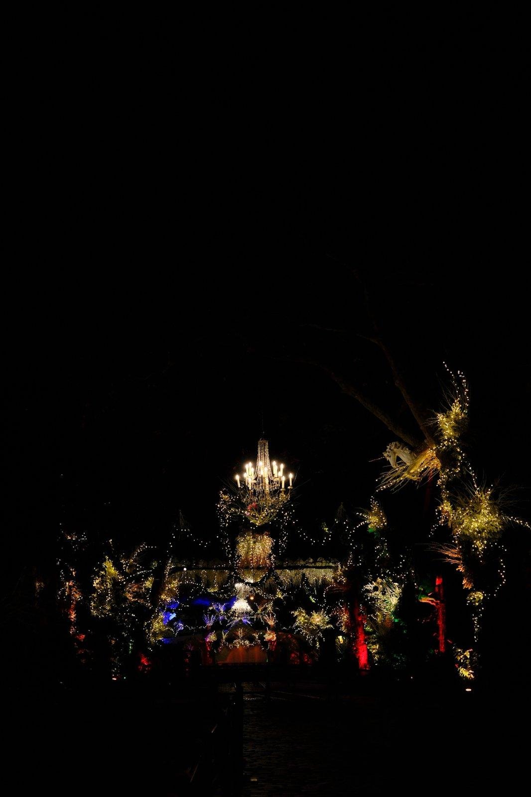 Photo verticale, de nuit. Des illuminations de Noël un peu partout sur les arbres d’une cours privée et un chandelier en extérieur