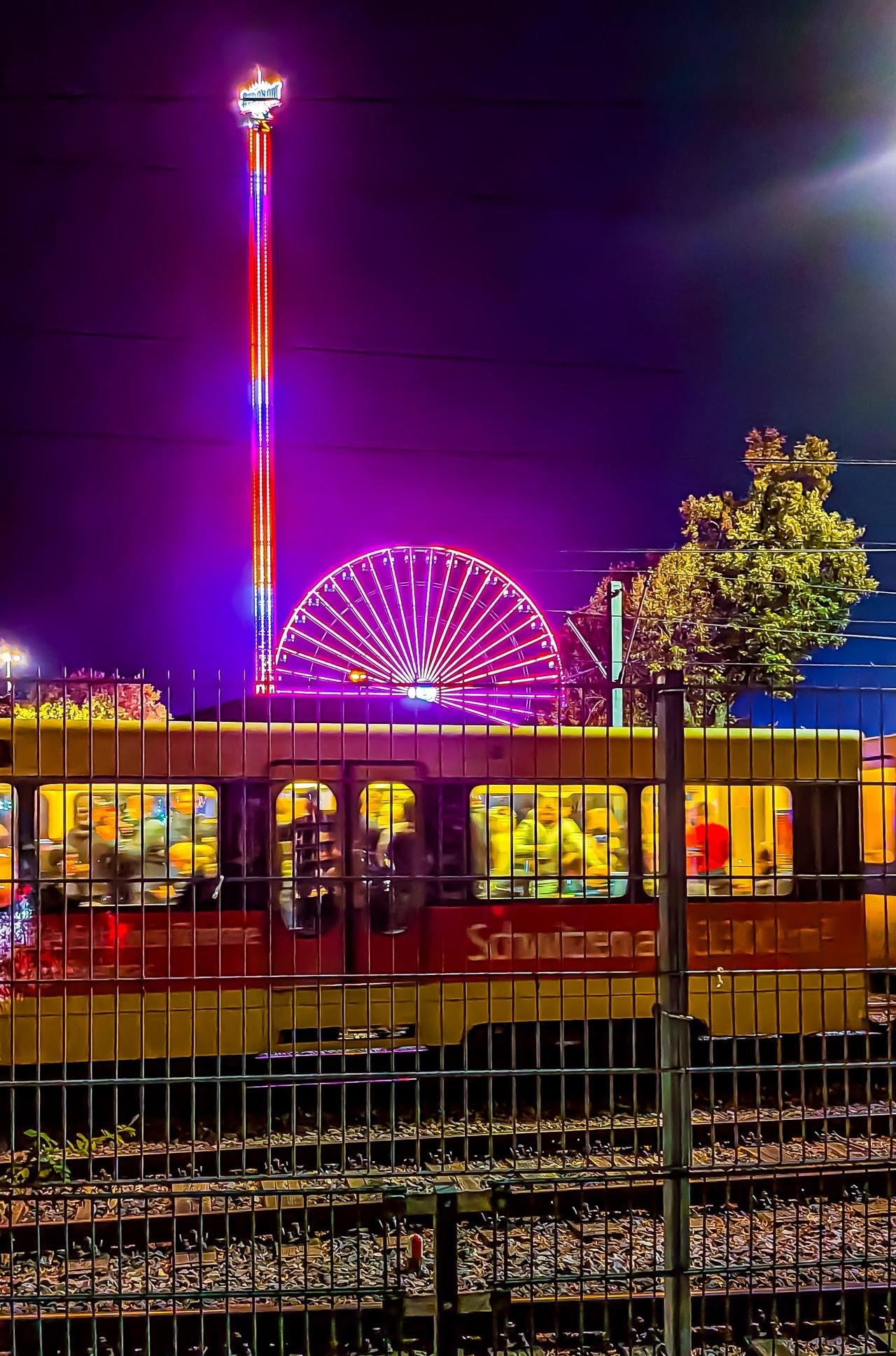 A brightly lit amusement park at night features a towering ride with multicolored lights and a large, illuminated Ferris wheel. In the foreground, a train with visible passengers is captured through a metal fence. A tree is positioned to the right of the Ferris wheel, silhouetted against the night sky.